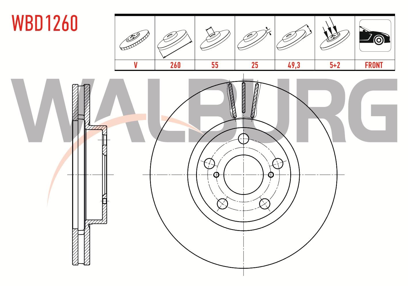 FREN DISKI ON HAVALI 5 BJN 260X25X55X49,3 TOYOTA AVENSIS (T22) 1.6i 1997-2003 /  AVENSIS (T22) 2.0i 1997-2003