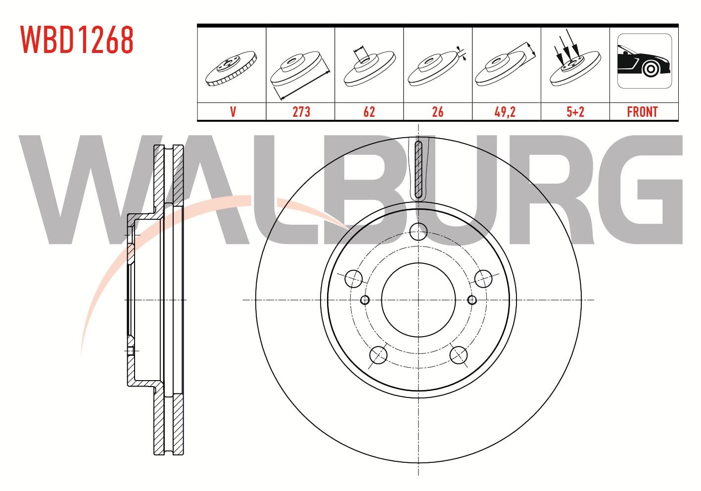 FREN DISKI ON HAVALI 5 BJN 273X26X62X49,2 TOYOTA COROLLA 1.4 D-4D 2007-2012/COROLLA 1.33 2007-2012/COROLLA 1.6 VVT-I 2007-2012/AURIS 1.33 DUAL-VVT-I - 1.6 VVT-I 2007-2012/AURIS 1.4 D-4D 2007-2012