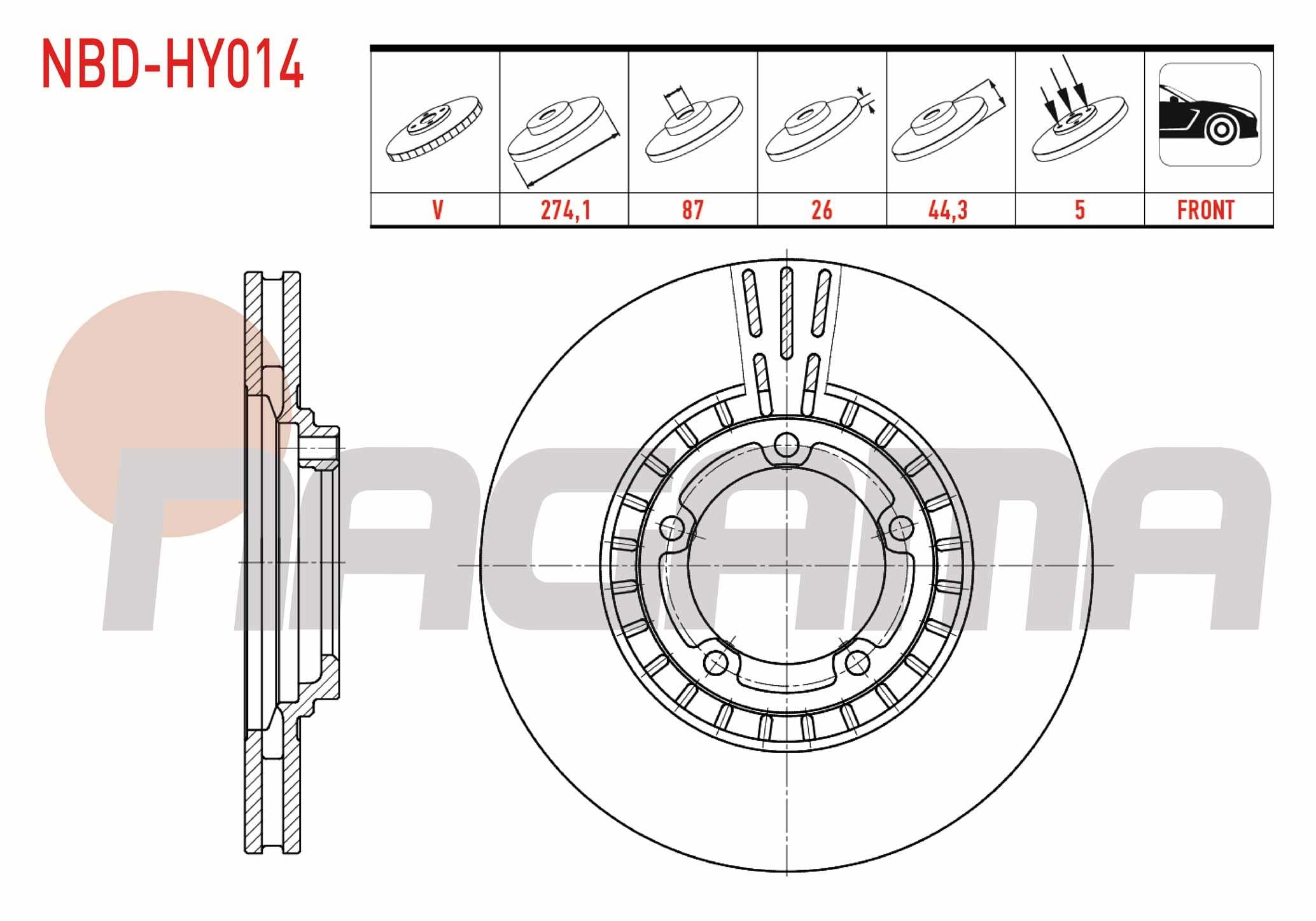 FREN DISKI ON HAVALI 5 BJN 274,1X26X87X44,3 HYUNDAI STAREX 2.4i 1997-2007/ H100 2.5 D 5 1993-2004/ STAREX 2.5 TD- 2.5 CRDI 2003-2008