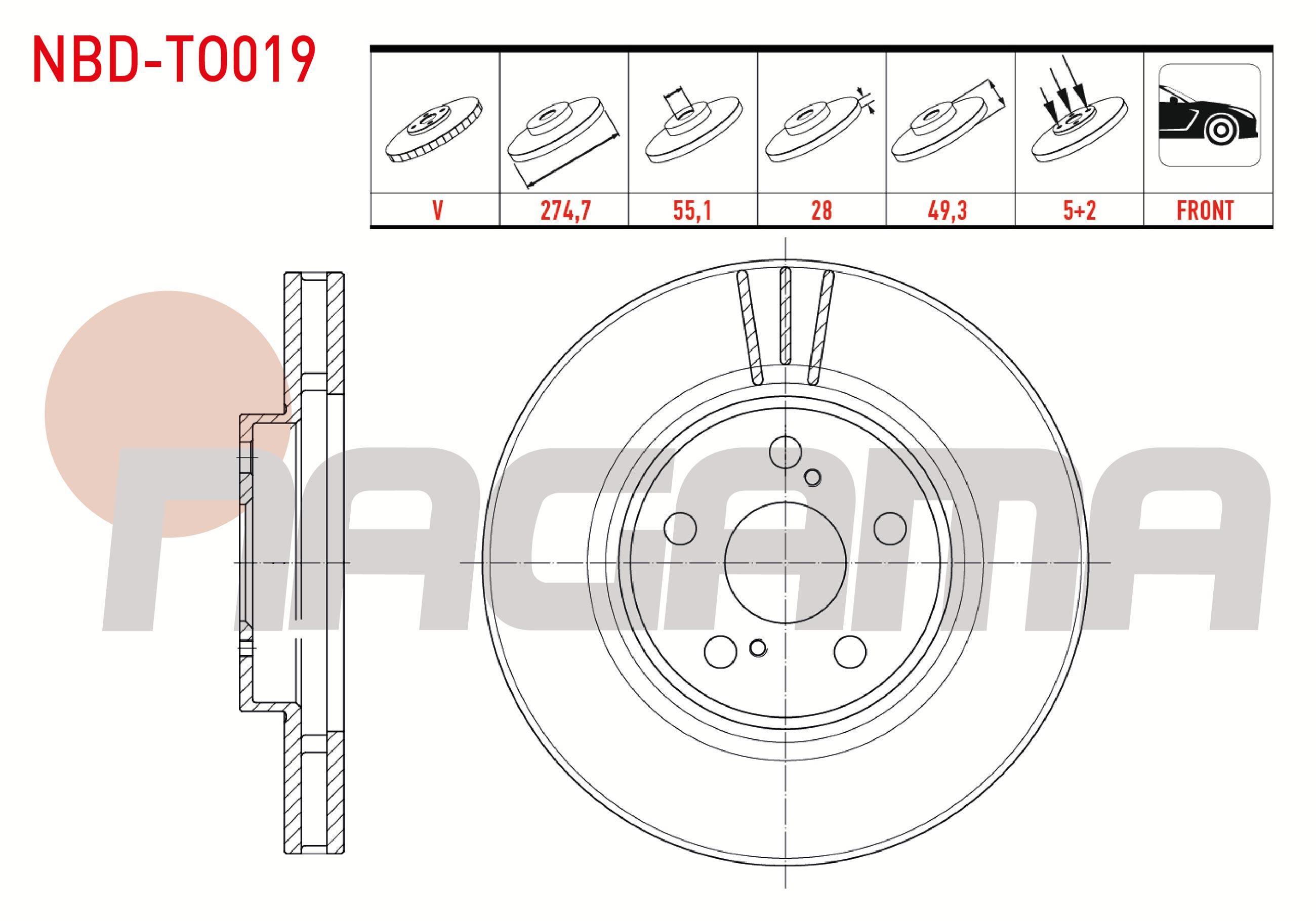 FREN DISKI ON HAVALI 5 BJN 274,7X28X55,1X49,3 TOYOTA AVENSIS 1.6 VVT-I 1997-2003 / AVENSIS 2.0 VVT-I 1997-2003 / AVENSIS 2.0 D-4D 1997-2003