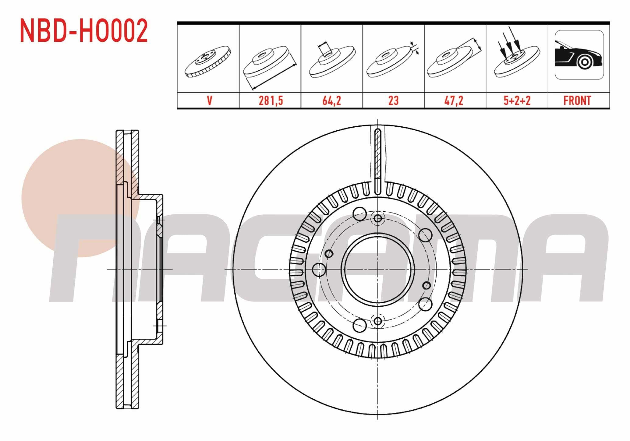 FREN DISKI ON HAVALI 5 BJN 281,5X23X64,2X47,2 HONDA CIVIC VII 1.6i- 1.8 I-VTEC- 2.0 I-VTEC 00-06/ CIVIC VIII 1.4-1.8 05-12/ CIVIC IX 1.6i-1.4 12-16 / CIVIC X 1.0 1.6 iVTEC 16- / CR-V II 2.0i 02-06