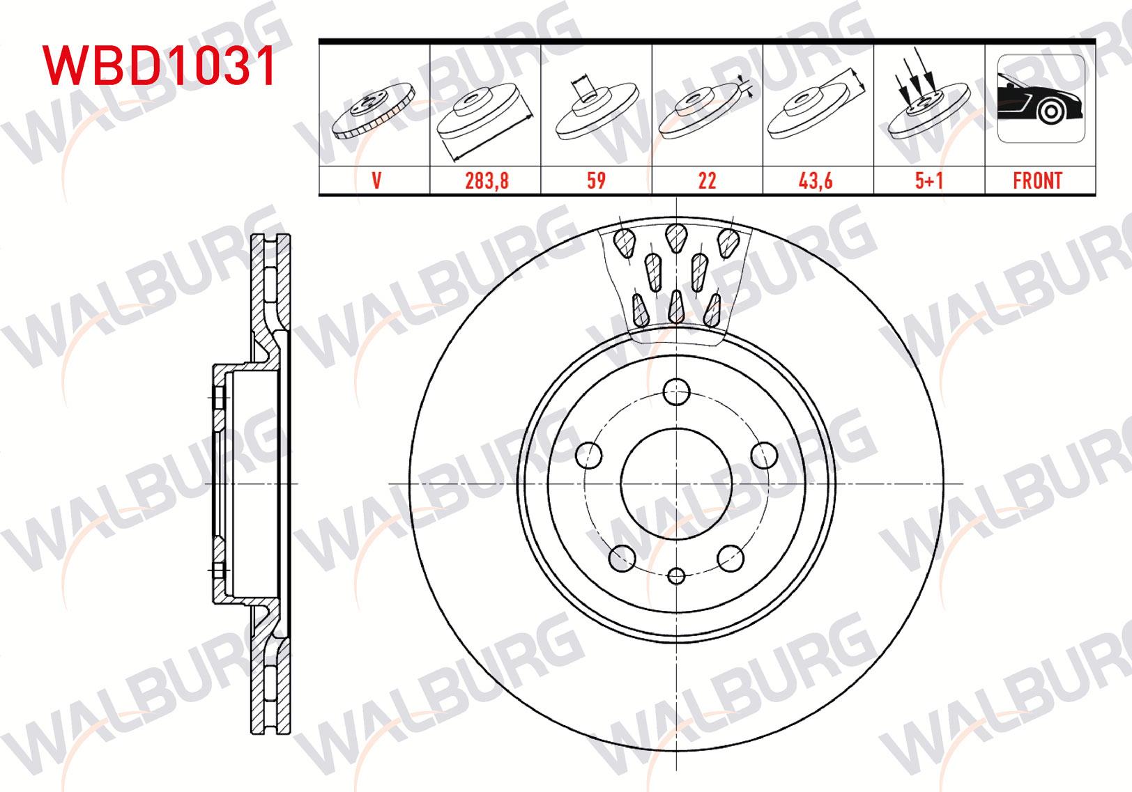 FREN DISKI ON HAVALI 5 BJN 283,8X22X59X43,6 FIAT DOBLO 1.3 MJT - 1.6 MJT 2010-/ FIORINO 1.3 MJT EURO 5 2013-/ ALFA ROMEO 147 1.6 2001-2010/ OPEL COMBO D 1.6 CDTI 2012-