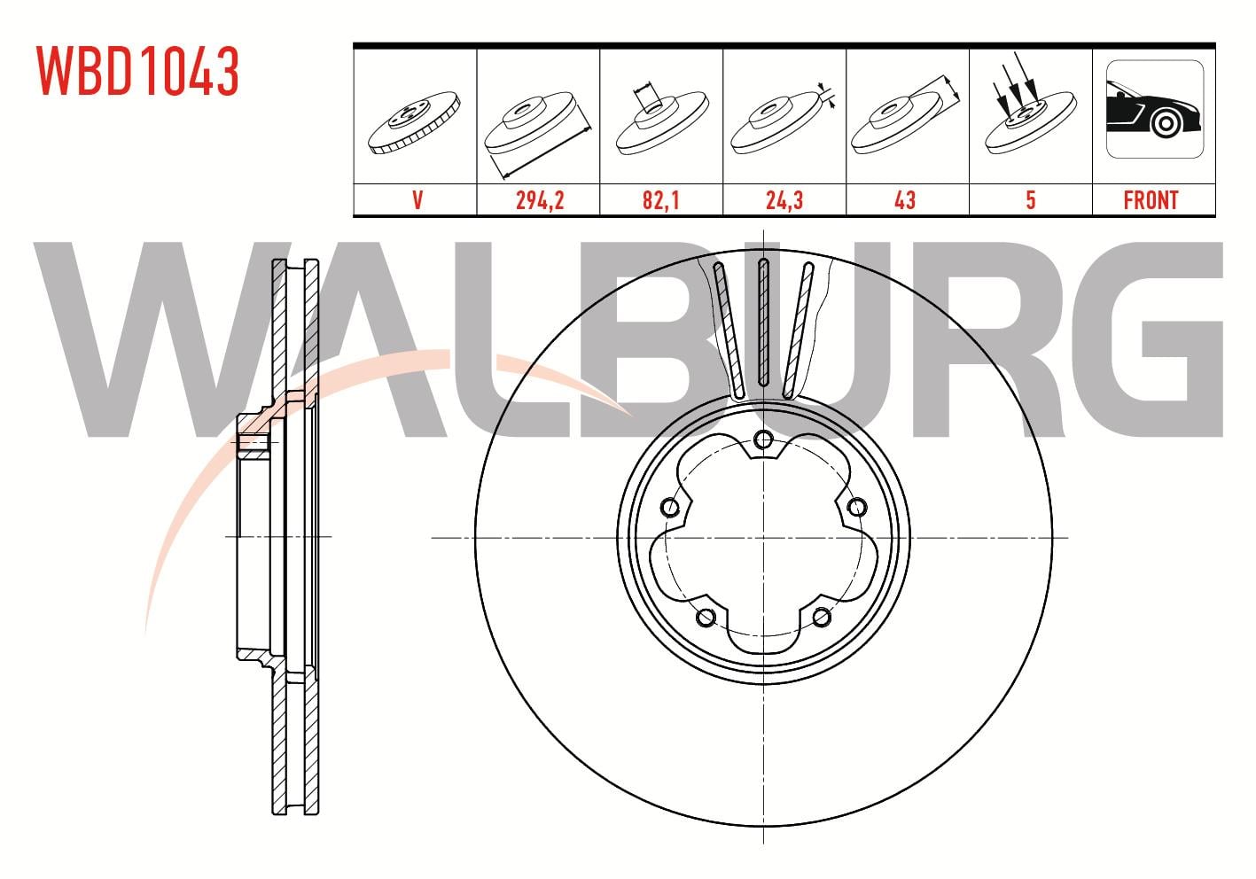 FREN DISKI ON HAVALI 5 BJN 294X24,3X82,1X43 FORD TRANSIT 2.4 TDCI  ARKADAN ITIS 2000-2006/ TRANSIT 2.0 DI 2000-2006/ TRANSIT (V184) 2.3 16v 2000-2006/ TRANSIT (V184) 2.4 TDE 2000-2006