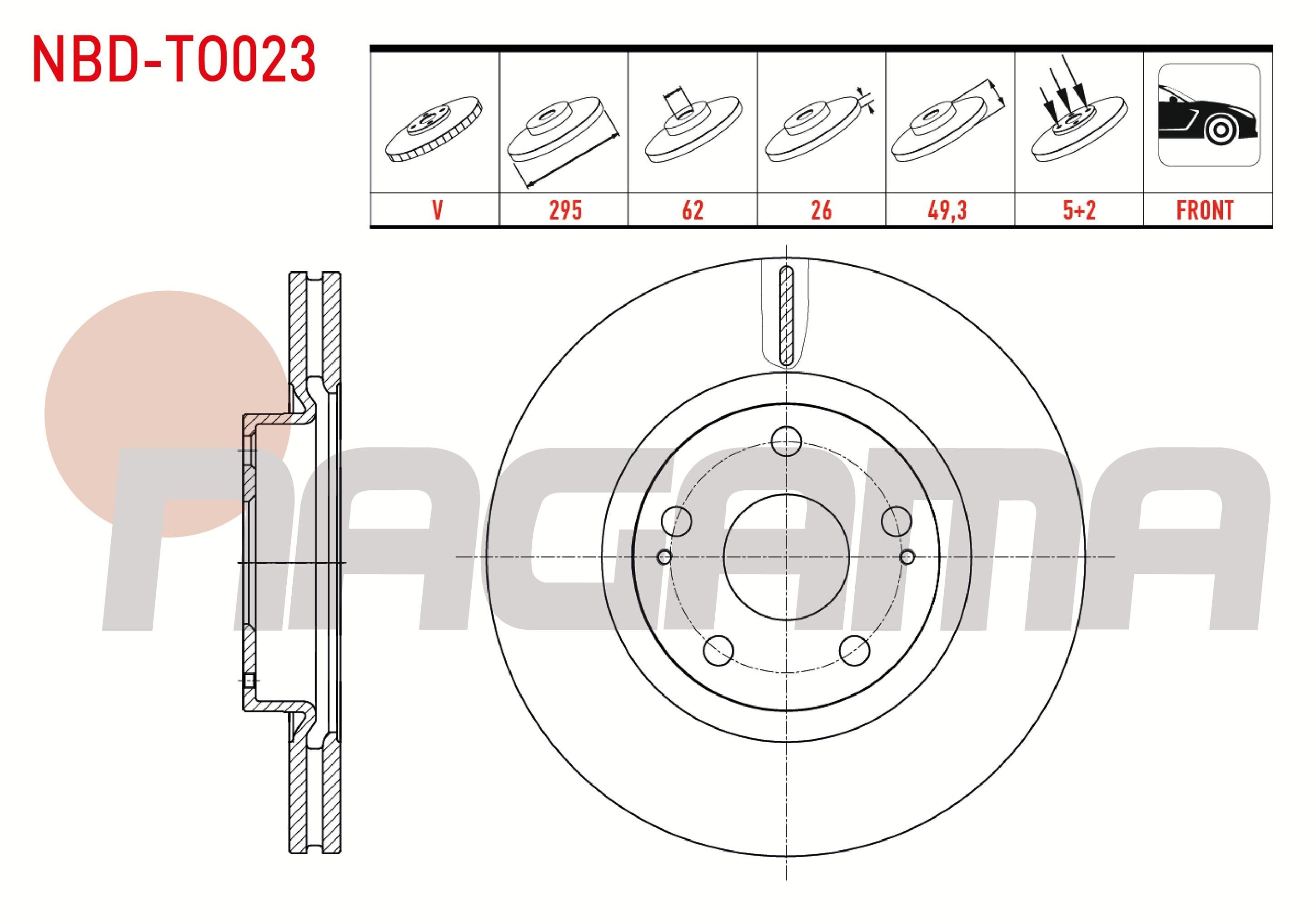 FREN DISKI ON HAVALI 5 BJN 295X26X62X49,3 TOYOTA COROLLA VERSO 1.6 2004-2009 / COROLLA VERSO 1.8 2004-2009 / COROLLA VERSO 2.0 D-4D 2004-2009