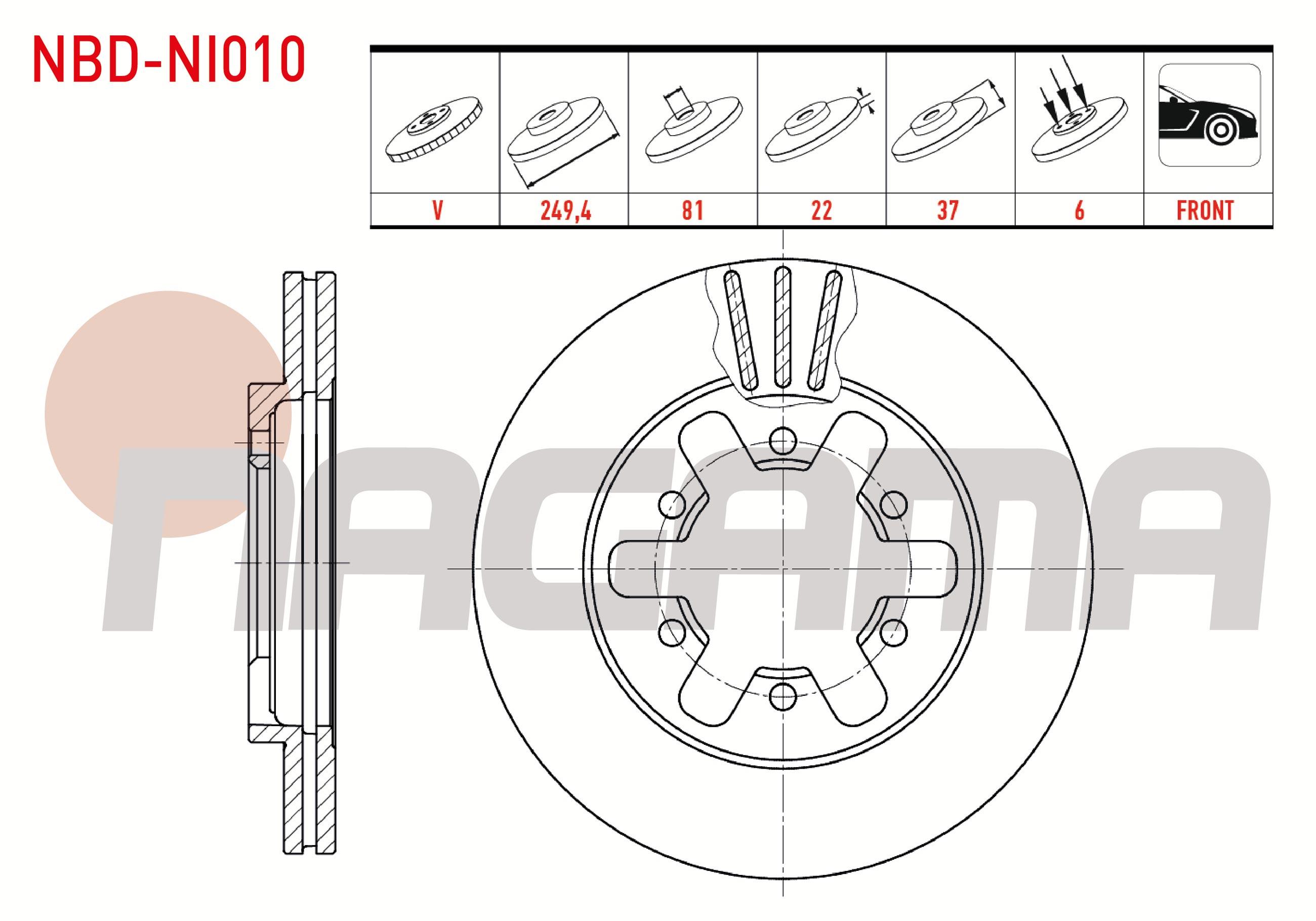 FREN DISKI ON HAVALI 6 BJN 249,4X22X81X37 NISSAN PICK UP (D21) 2.5 D 1985-1998 / PICK UP (D22) 2.5 D 1998-