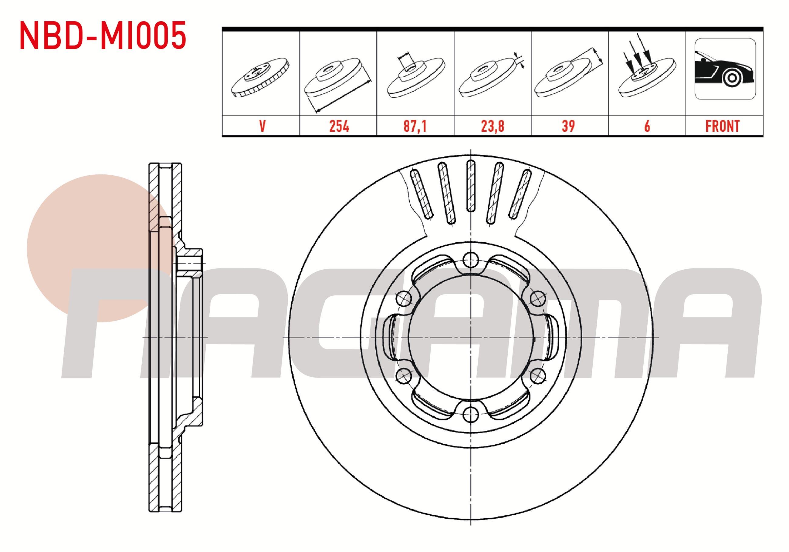 FREN DISKI ON HAVALI 6 BJN 254X23,8X87,1X39 MITSUBISHI L 200 (K7T,K6T) 2.5 D - 2.0 - 2.5 TD -1996-2007 / L 200 (K7T,K6T) 2.5 TD 4X4 1996-2007