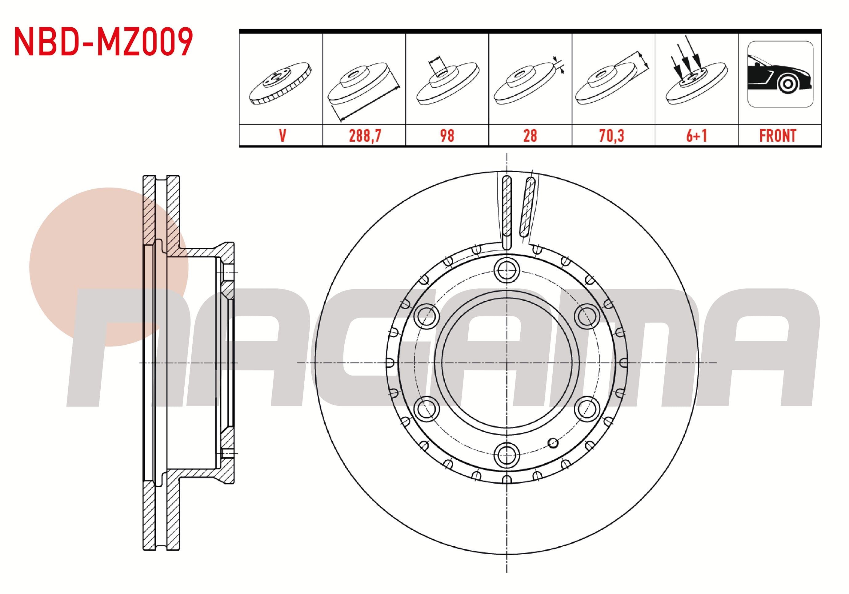 FREN DISKI ON HAVALI 6 BJN 288,7X28X98X70,3 MAZDA B SERISI (UN) 2.5 D 4X4 1998-2006 / FORD RANGER 2.5 TDCI - 2.2 TDCI - 3.0 TDCI 4X4 2002-2006