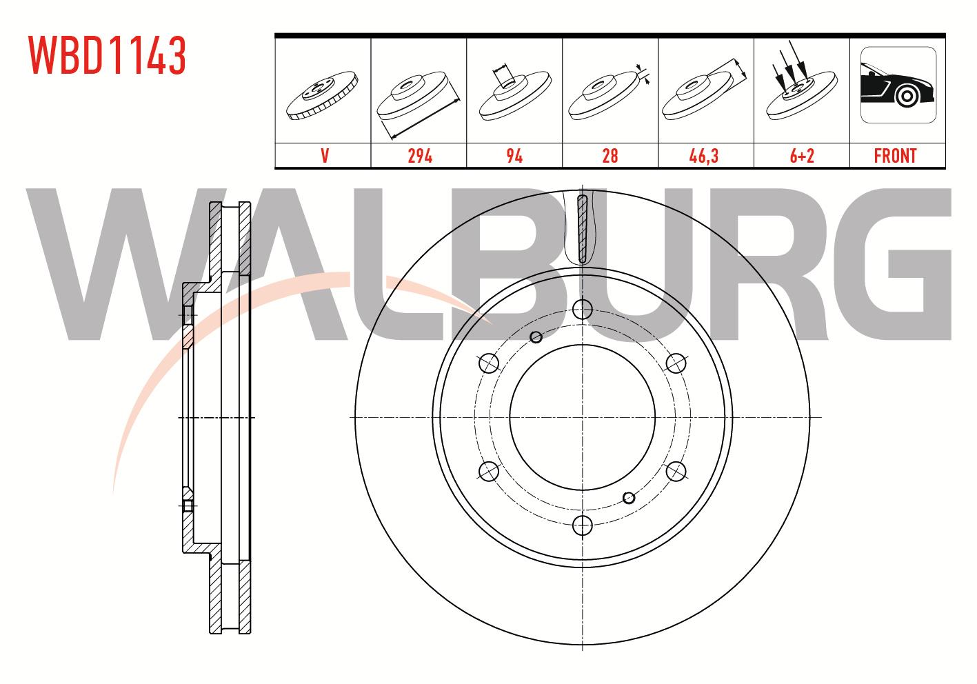 FREN DISKI ON HAVALI 6 BJN 294X28X94X46,3 MITSUBISHI L 200 (KA_T, KB_T) 2.5 2005-2015 / L 200 (KJ_, KK_, KL_) 2.2 2.4 2.5 DI-D 4WD 2014- / FIAT FULLBACK PICK-UP 4X4 2016-