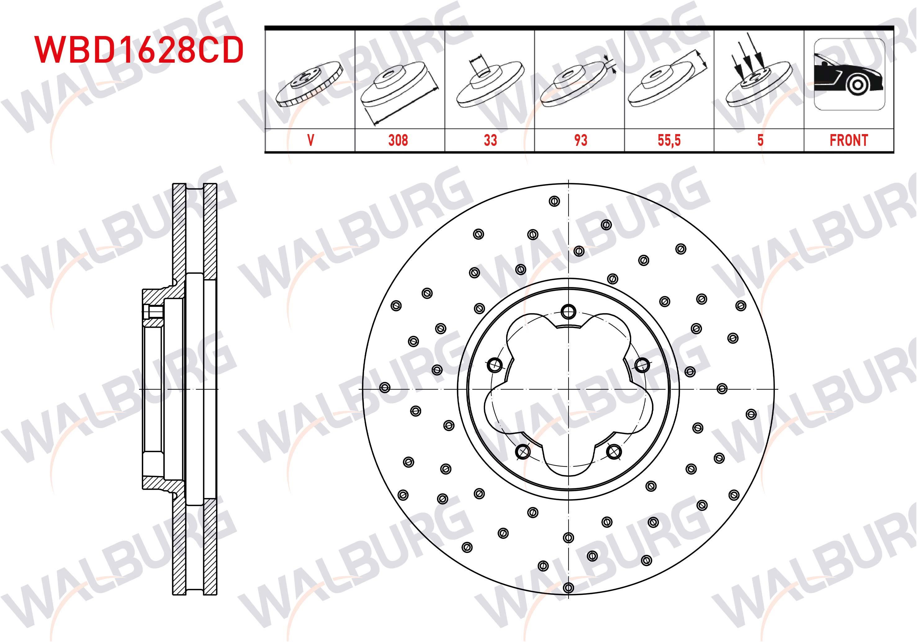 FREN DISKI ON HAVALI KAPLAMALI PERFORMANS DELIKLI 5 BJN 308X33X93X55,5 FORD TRANSIT CUSTOM V362 2.0 EcoBlue 2015- / TRANSIT CUSTOM V363 2.0 EcoBlue 2016-