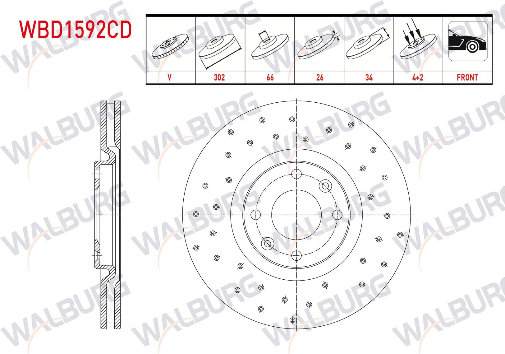 FREN DISKI ON HAVALI KAPLAMALI PERFORMANS DELIKLI 4 BJN 302X26X66X34 PEUGEOT 208 1.4 HDI 2012-