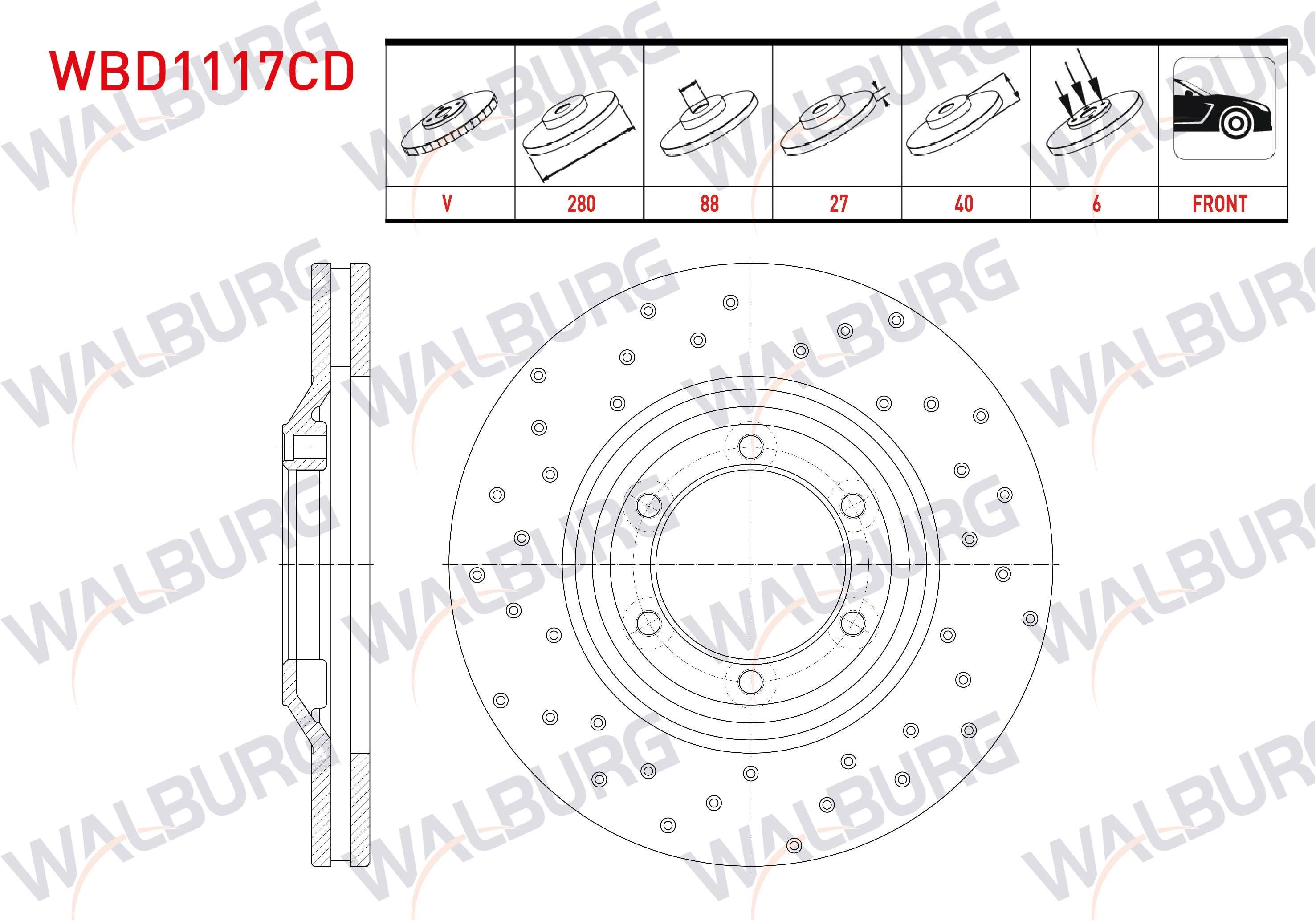 FREN DISKI ON HAVALI KAPLAMALI PERFORMANS DELIKLI 6 BJN 280X27X88X40 ISUZU D-MAX (8DH) 2.5 D 4X4 2002-2012 / D-MAX (8DH) 3.0 D A-T 4X4 2002-2012 / D-MAX (8DH) 2.5 DITD 4X4 2002-2012