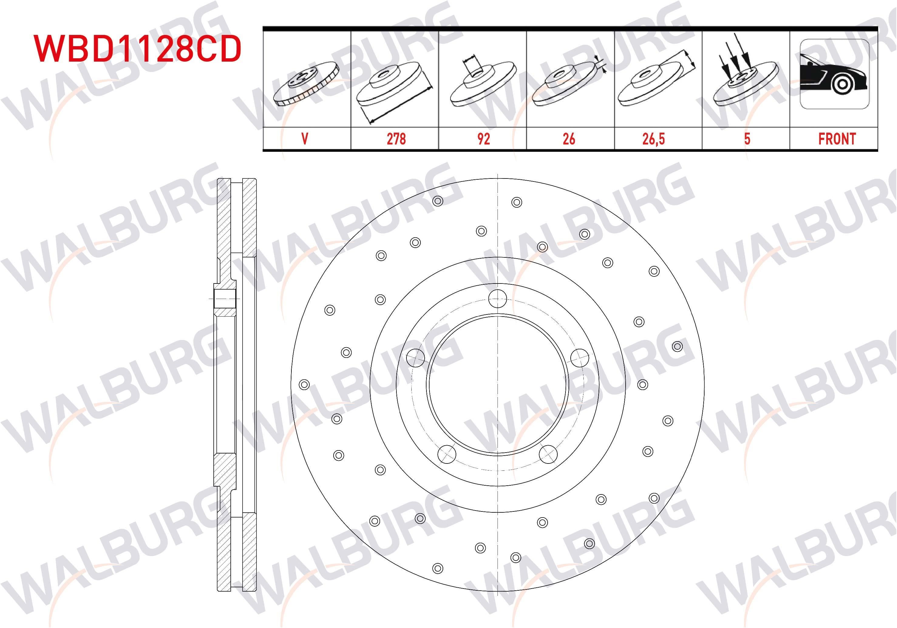 FREN DISKI ON HAVALI KAPLAMALI PERFORMANS DELIKLI 5 BJN 278X26X92X26,5 KIA BONGO K2900 2.9 D 2009-