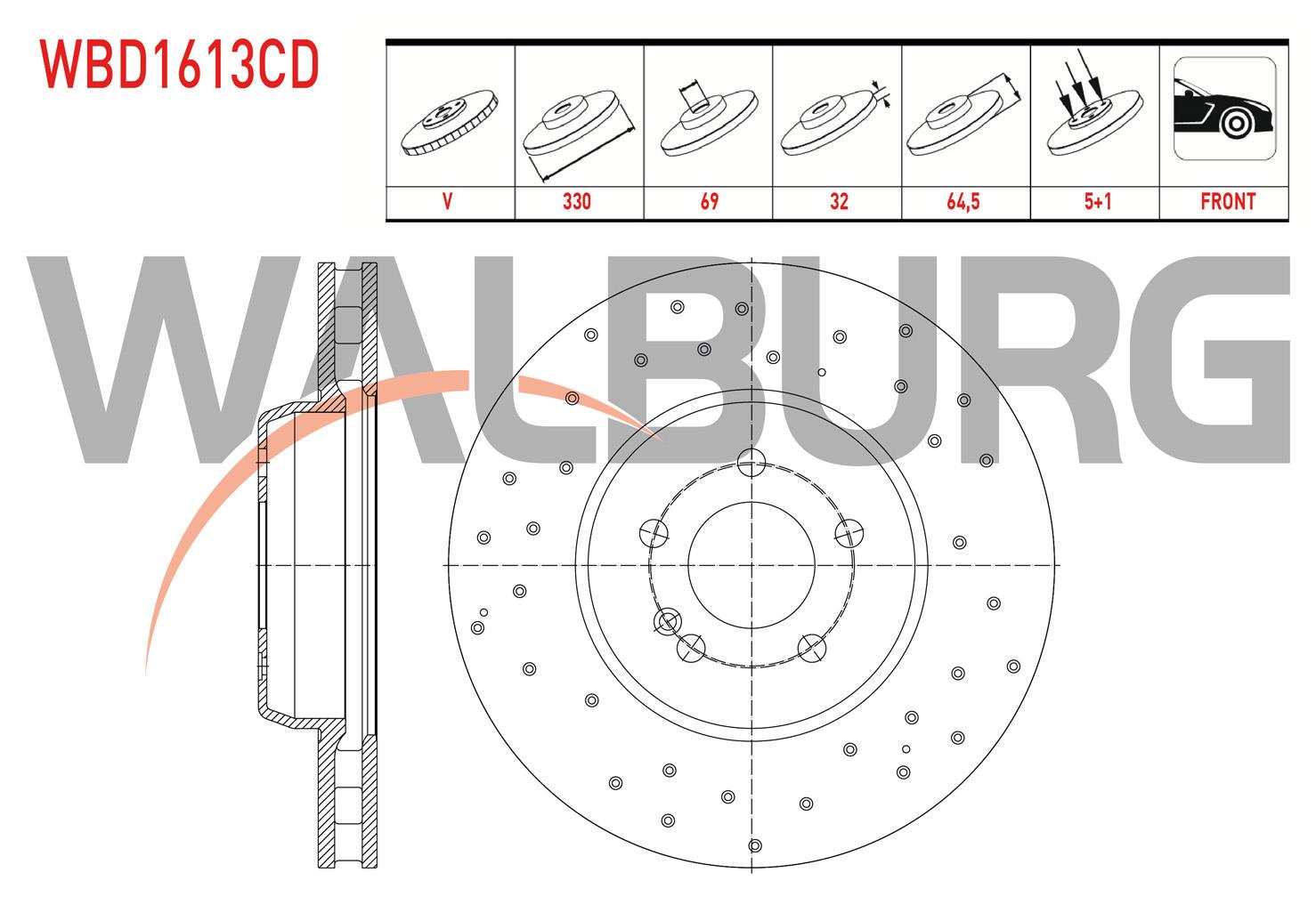 FREN DISKI ON HAVALI KAPLAMALI PERFORMANS DELIKLI 5 BJN 330X32X69X64,5 MERCEDES C SERISI (W205) C 180 - C 200 - C 250 BlueTEC - C 300 2015-/ E SERISI (W213) E 200 - E 220 D - E 250 2016-