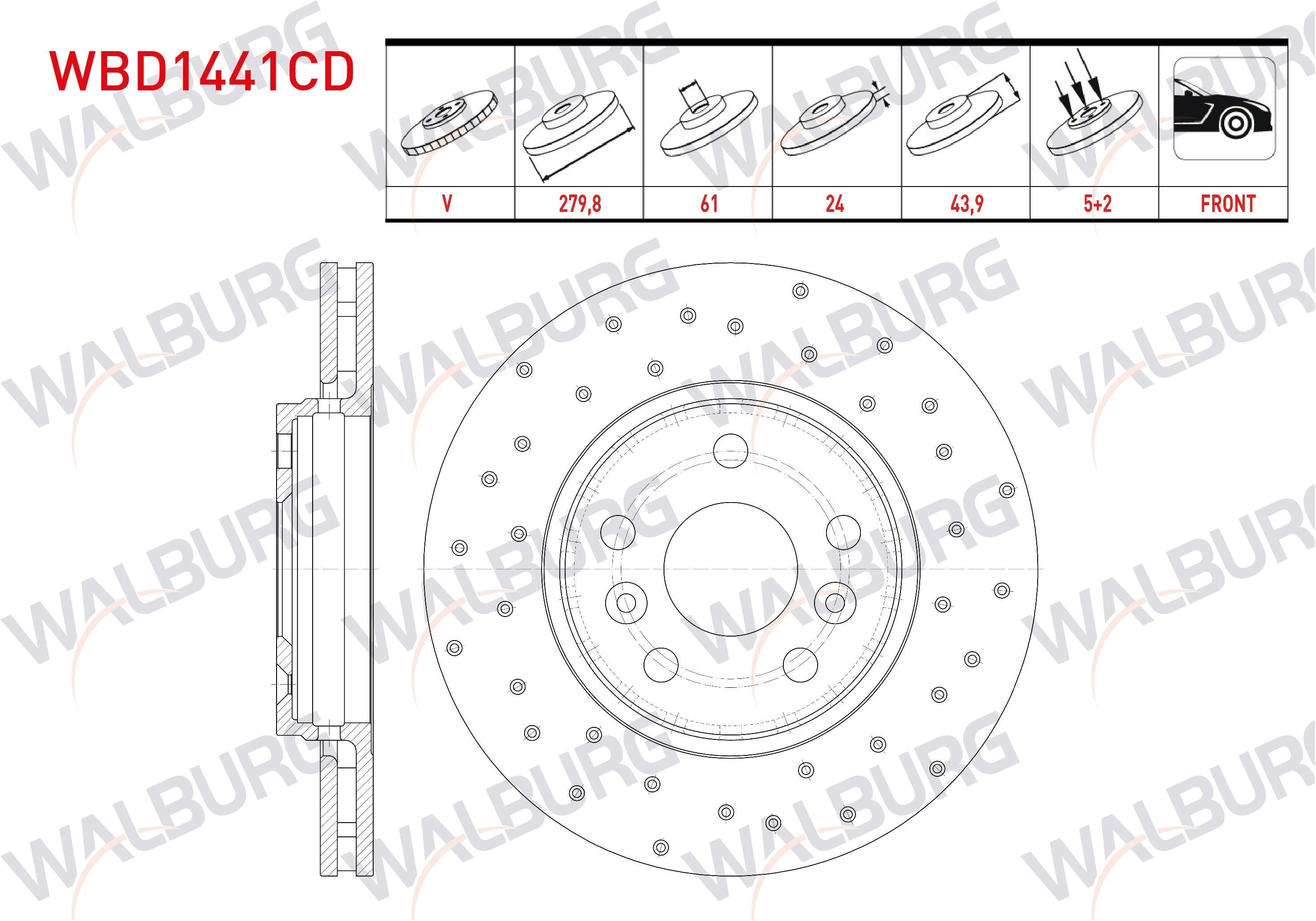 FREN DISKI ON HAVALI KAPLAMALI PERFORMANS DELIKLI 5 BJN 279,8X24X61X43,9 M.BENZ CITAN (415) 108 1.5 CDI 2012-