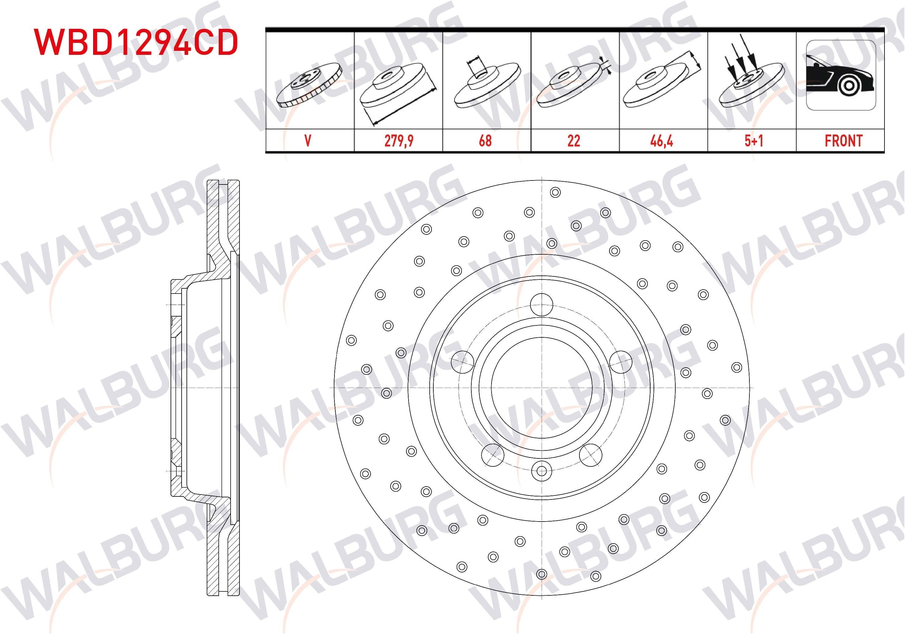 FREN DISKI ON HAVALI KAPLAMALI PERFORMANS DELIKLI 5 BJN 279,9X22X68X46,4 AUDI A4 (8E2,B6) 1.8 2000-2004