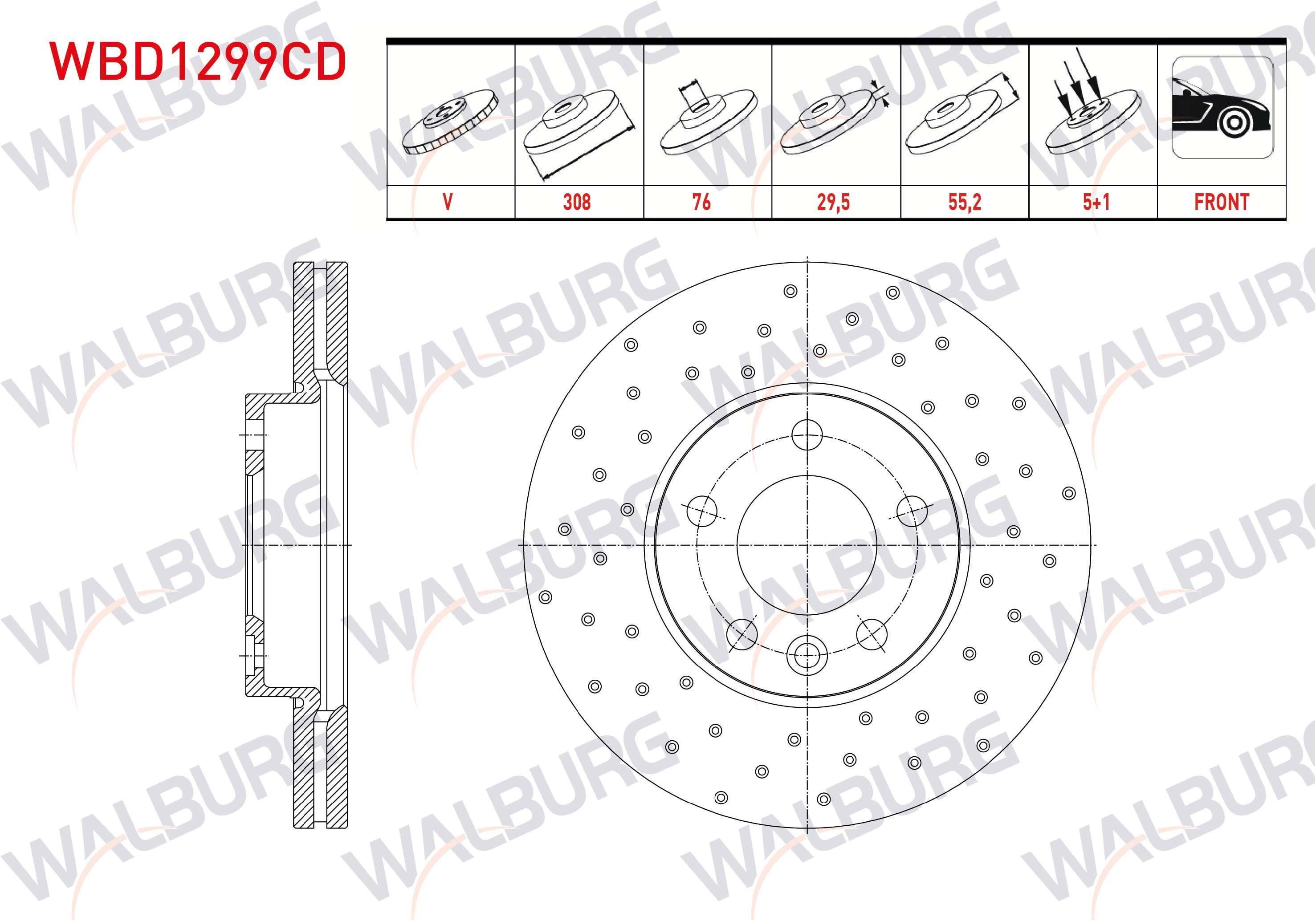 FREN DISKI ON HAVALI KAPLAMALI PERFORMANS DELIKLI 5 BJN 308X29,5X76X55,2 VOLKSWAGEN TRANSPORTER VI 2.0 TDI BITDI 2009-