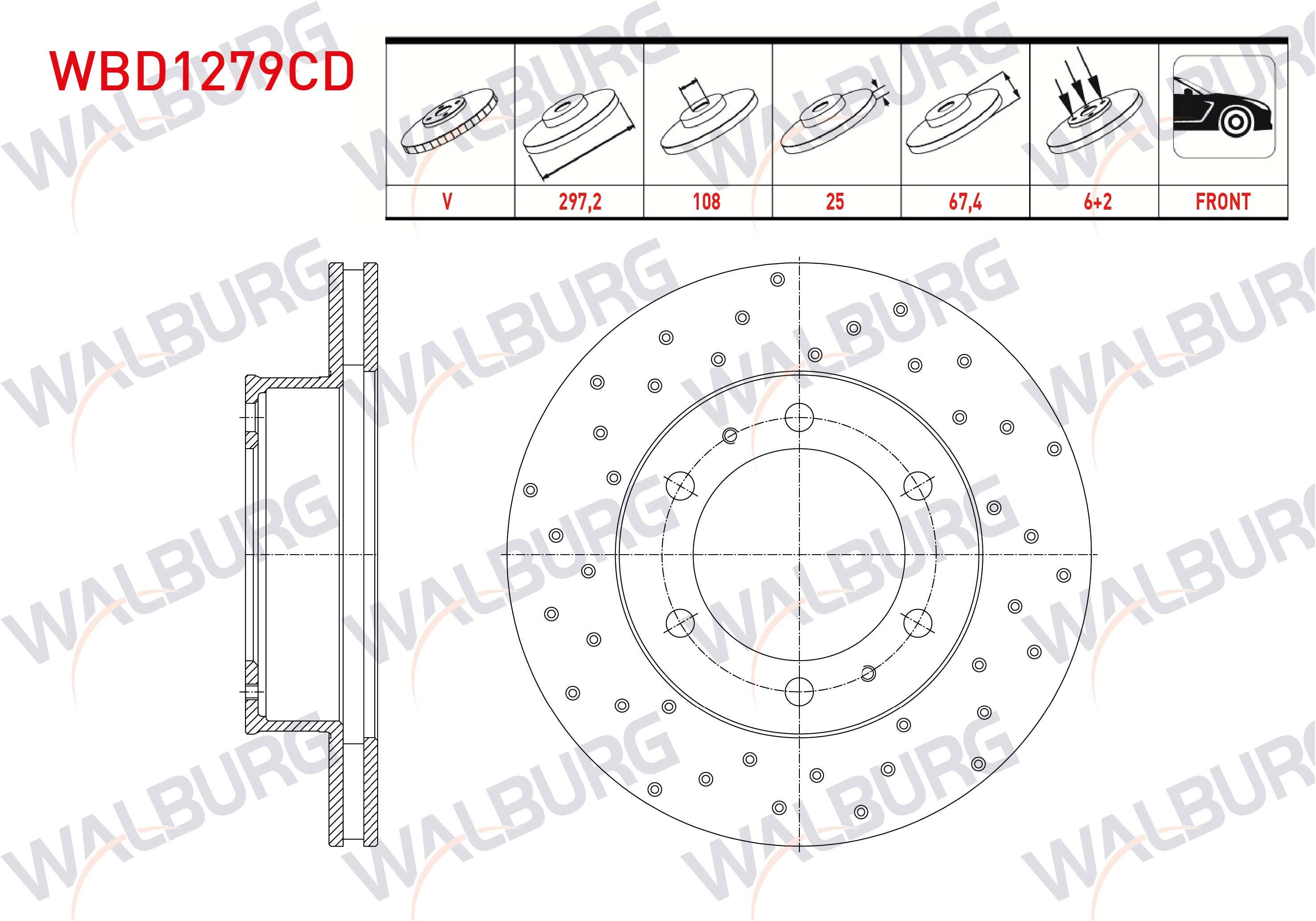 FREN DISKI ON HAVALI KAPLAMALI PERFORMANS DELIKLI 6 BJN 297,2X25X108X67,4OYOTA HI-LUX PICK UP 3.0 D-4D 2005-2011