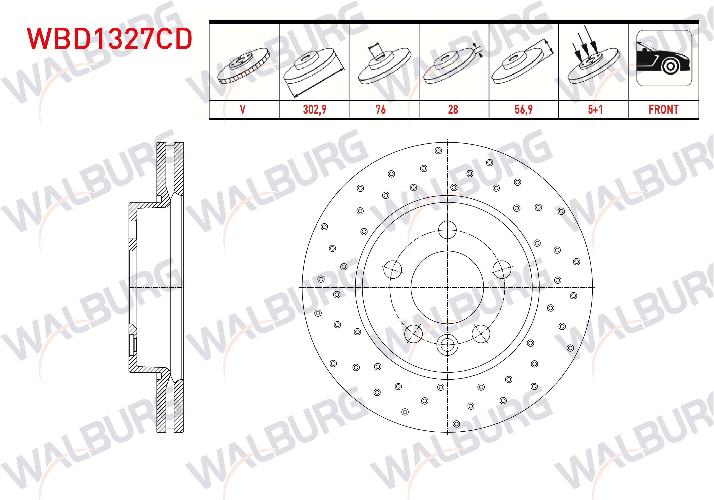 FREN DISKI ON HAVALI KAPLAMALI PERFORMANS DELIKLI 5 BJN 302,9X28X76X56,9 VOLKSWAGEN AMAROK 2.0 BITDI - 2.0 TSI 2010-