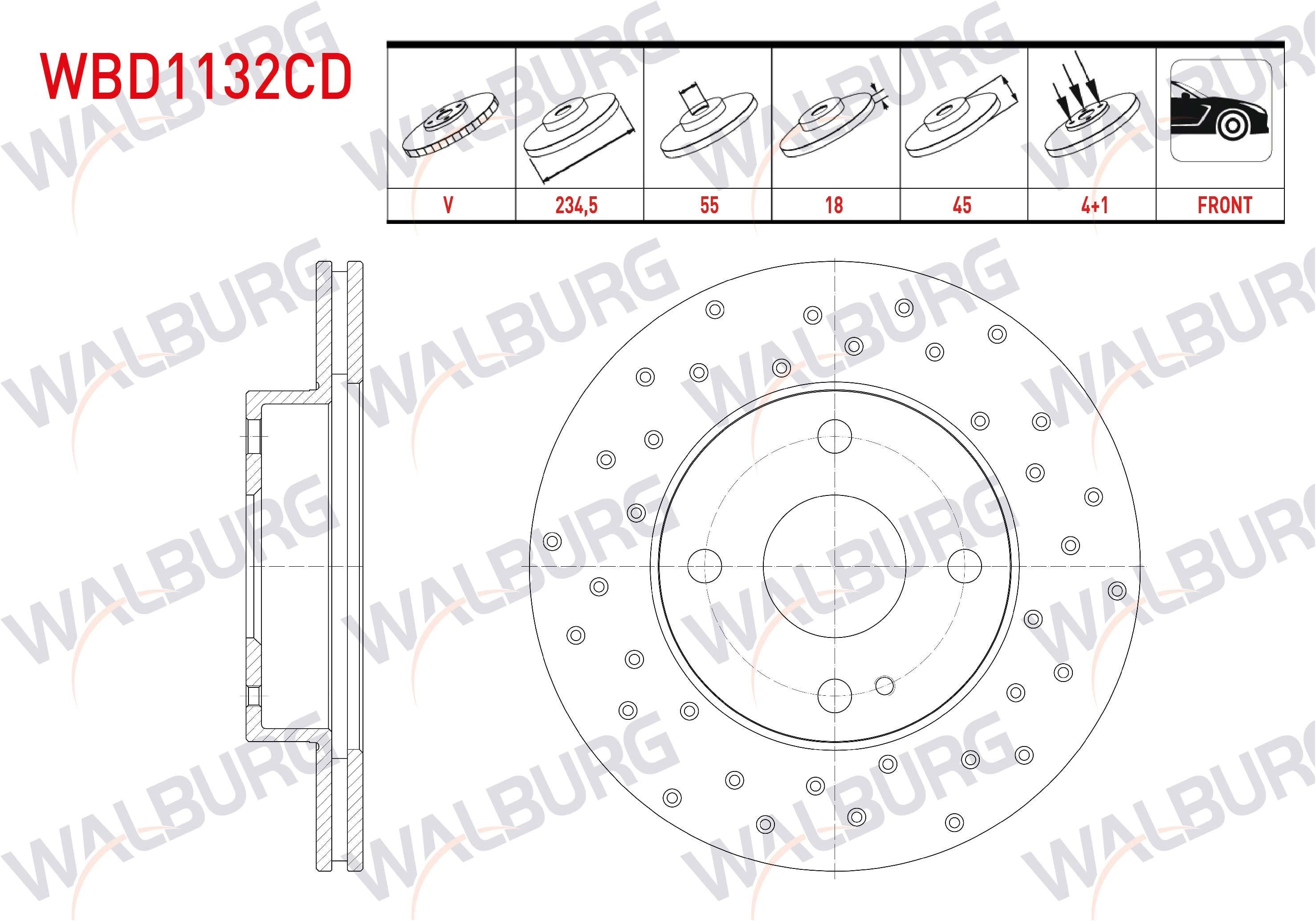 FREN DISKI ON HAVALI KAPLAMALI PERFORMANS DELIKLI 4 BJN 234,5X18X55X45 MAZDA 323 IV 1.3i - 1.6i - 1.8 16v 1989-1994 / MX-5 I (NA) 1.6i 16v 1990-1998