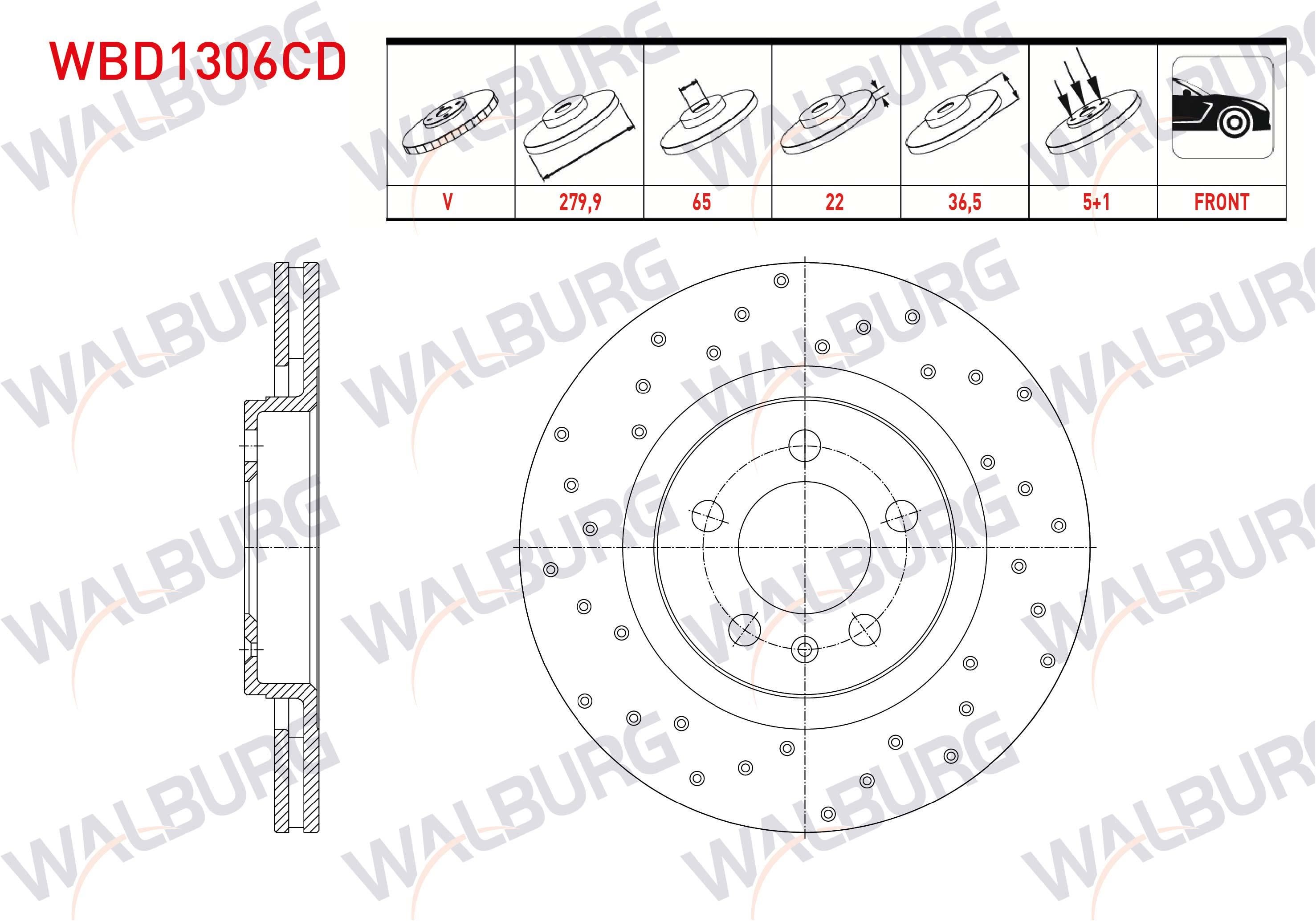 FREN DISKI ON HAVALI KAPLAMALI PERFORMANS DELIKLI 5 BJN 279,9X22X65X36,5 GOLF IV 1.4i 16v-1.6i 16v 97-05/BORA 1.4i 16v-1.9 TDI 98-05/A3 1.8-1.9 TDI 96-03/LEON 1.4 16v-1.9 TDI 99-06