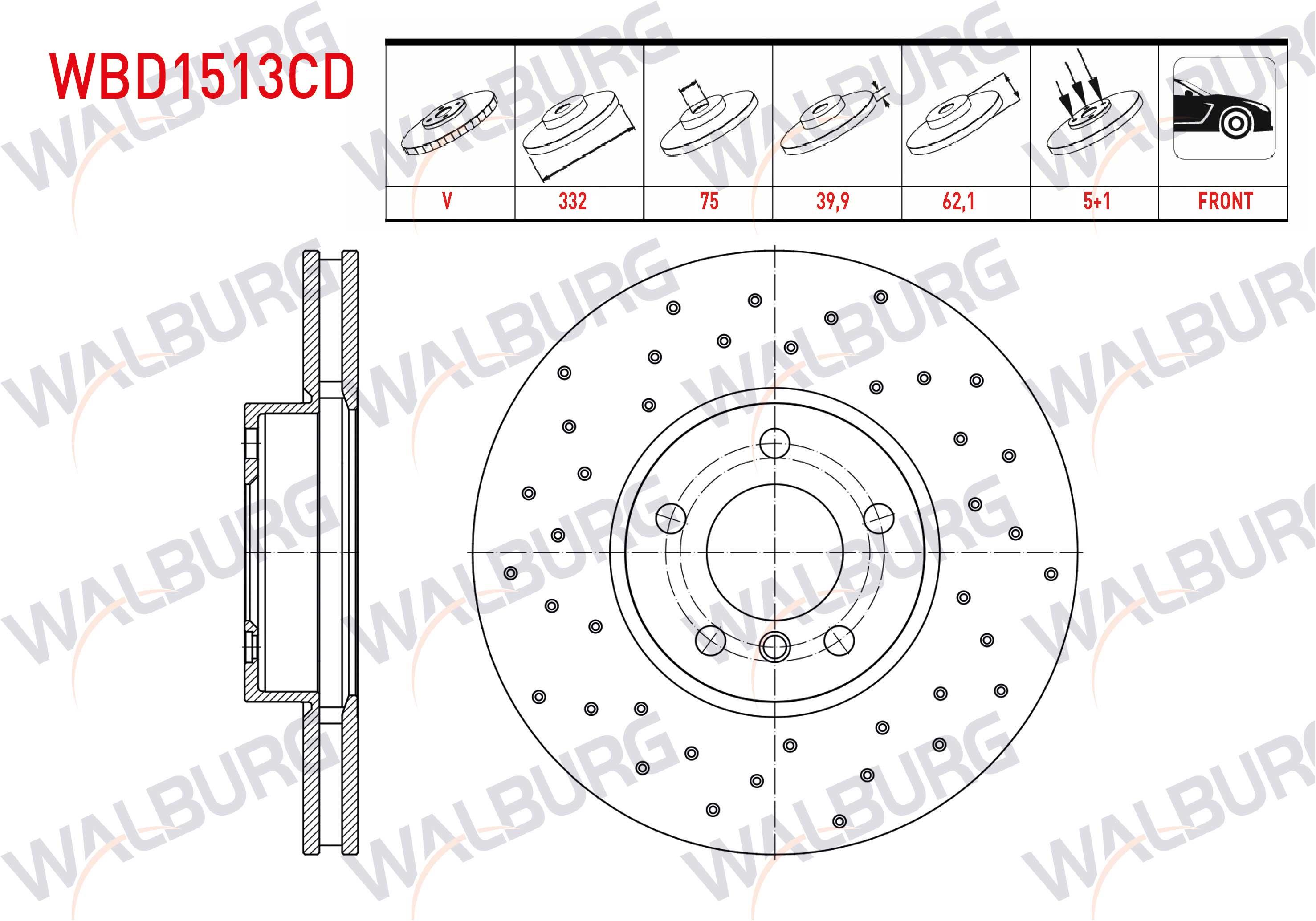 FREN DISKI ON HAVALI KAPLAMALI PERFORMANS DELIKLI BMW X5 (E70) 3.0 D 5 BIJON 332X29,9X75X62,1 2007-2012