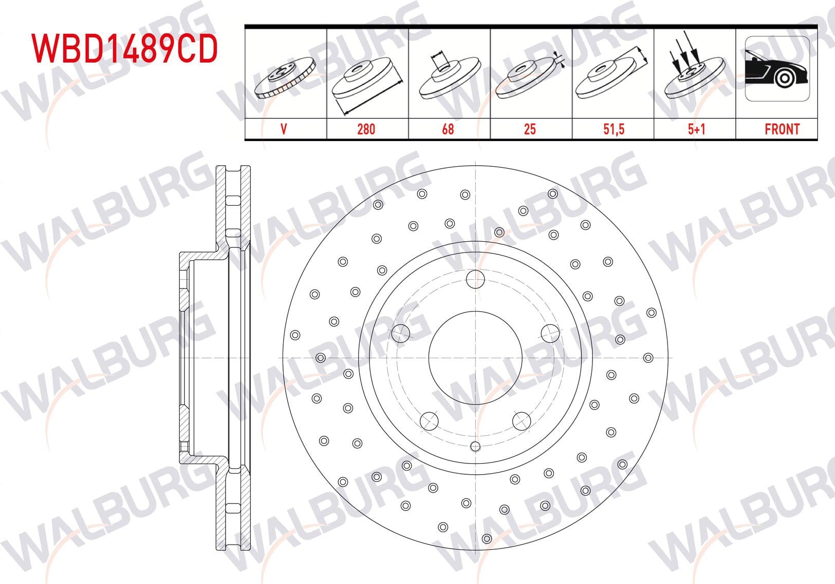 FREN DISKI ON HAVALI KAPLAMALI PERFORMANS DELIKLI 5 BJN 280X25X68X51,5 MAZDA 3 (BM) 1.5 SkyActive-D - 1.5 SkyActive-G 2013- / CX-3 (DK) 1.5 SkyActive