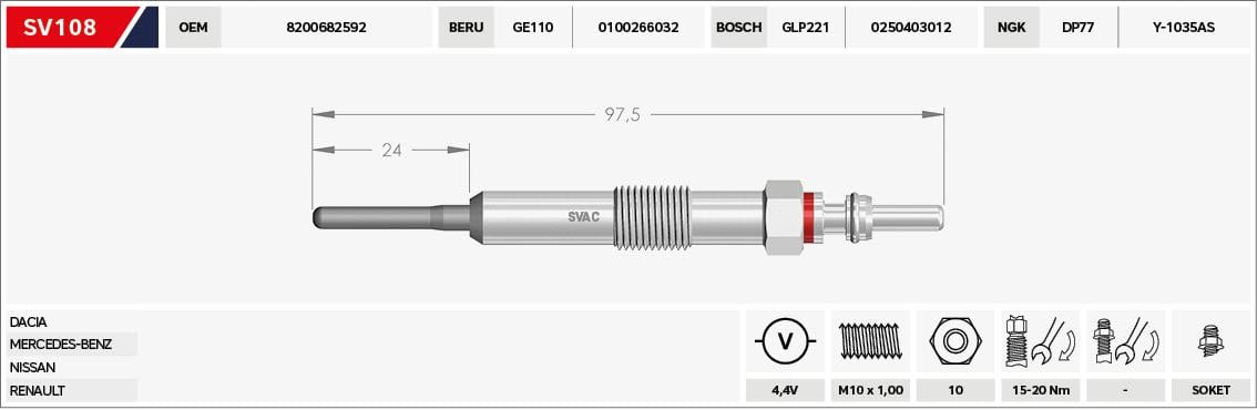 ISITMA KIZDIRMA BUJİSİ 4,4V GE110 0 100 266 032 GLP221 0 250 403 012 DP77 Y-1035 AS