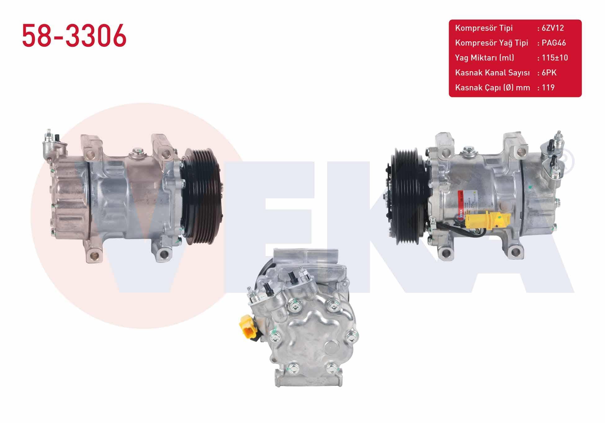 KLIMA KOMPRESORU 6PK 119mm CITROEN C2 1.4 HDI 2003-2009/ C3 1.4 HDI 2002-2009/ NEMO 1.4 HDI 2007-/ FIAT FIORINO 1.4i 2007-/ PEUGEOT BIPPER 1.4 HDI 2008-/ 206 GTI 1998-2006/ 307 1.6 HDI 2000-2007