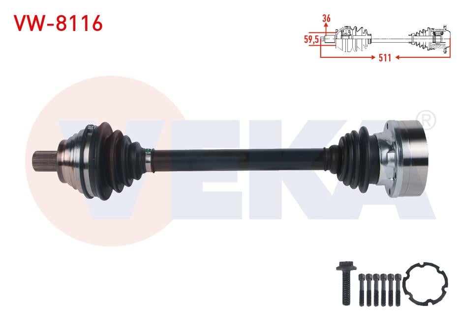 KOMPLE AKS SOL ON UZUNLUK 511mm VW GOLF VII (5G1) 1.2 TSI M-T 2012-/ PASSAT (3C2) 1.6 2005-2008/ AUDI A3 (8V1) 1.2 TFSI M-T 2012-/ SEAT LEON 1.2 TSI M
