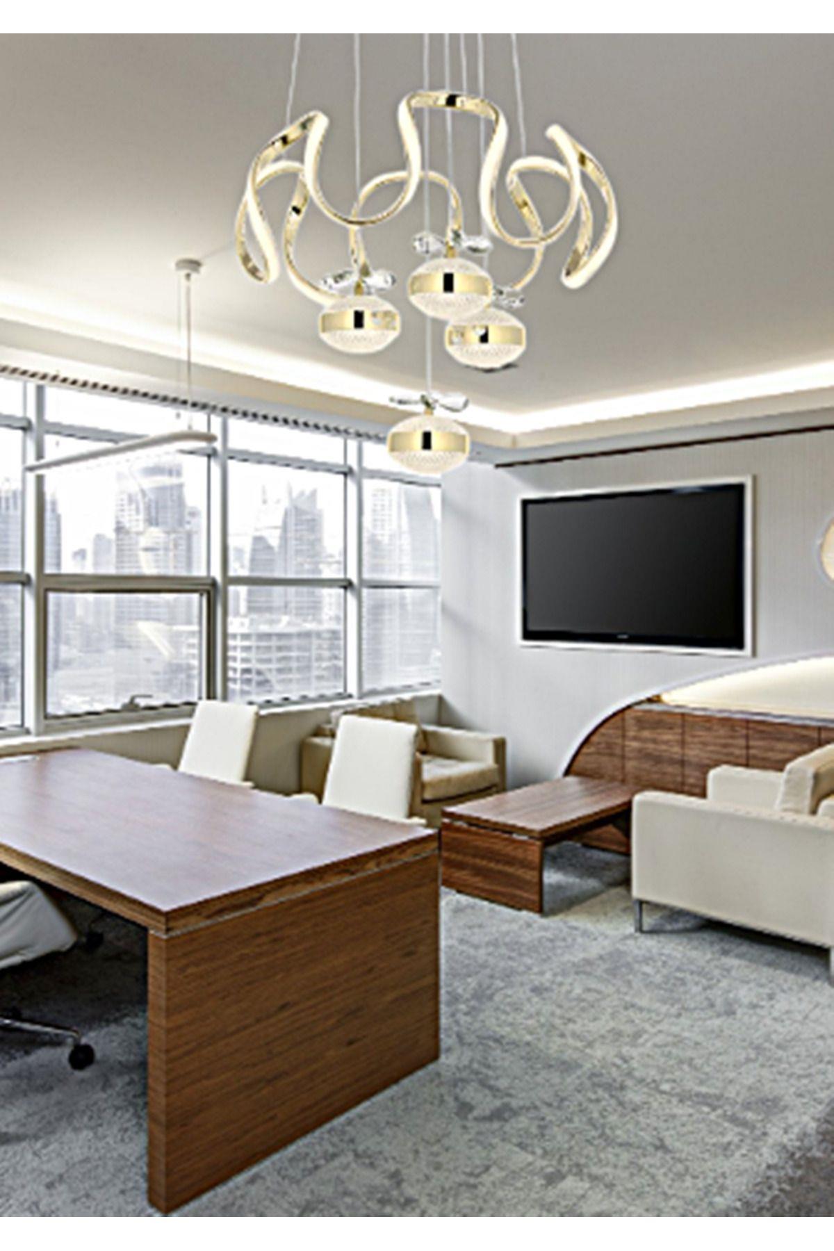 3 Renk Kademeli Ledli Avize Modern Sarkıt Kelebek Kristal Taşlı Led Avize Gold Sarı