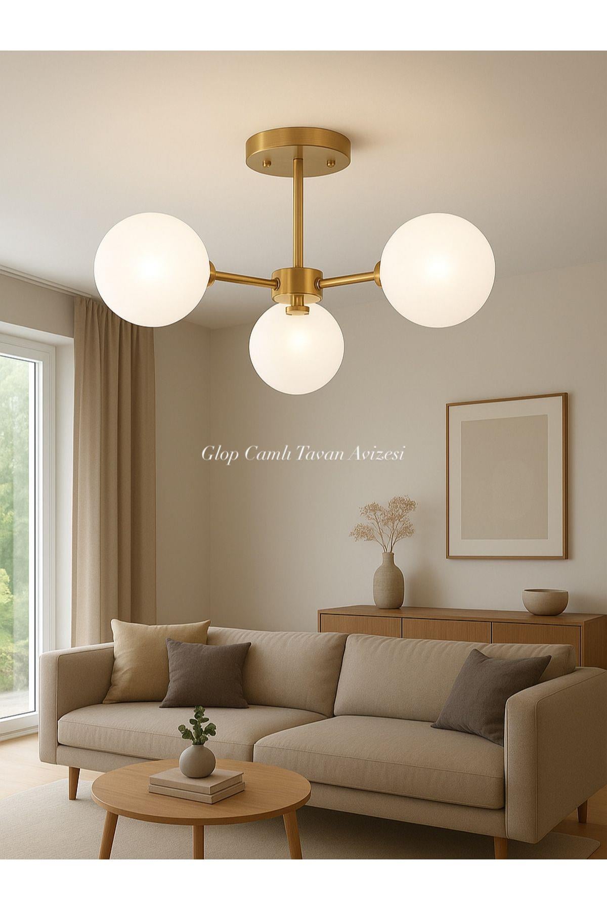 Camlı Avize Glop Mat Beyaz Camlı Eskitme Gold Sarı Plafonyer Tavan Avizesi 3xE-27 Duy