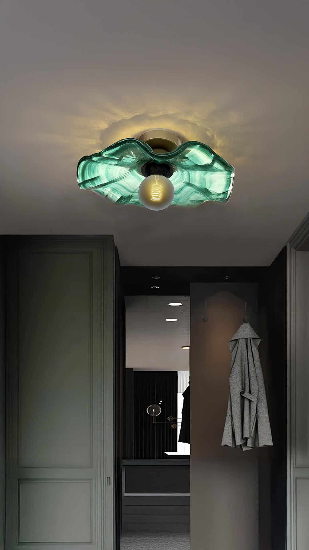 Classic Camlı Avize Plafonyer Avize Tavana Sıfır E-27 Duy Yeşil 250mm Çap