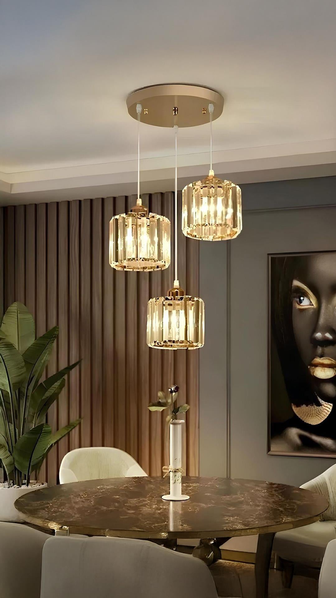 Lüks Modern Lüks Avize Kristal Taşlı Sarkıt Avize Gold Sarı 3 lü sarkıt