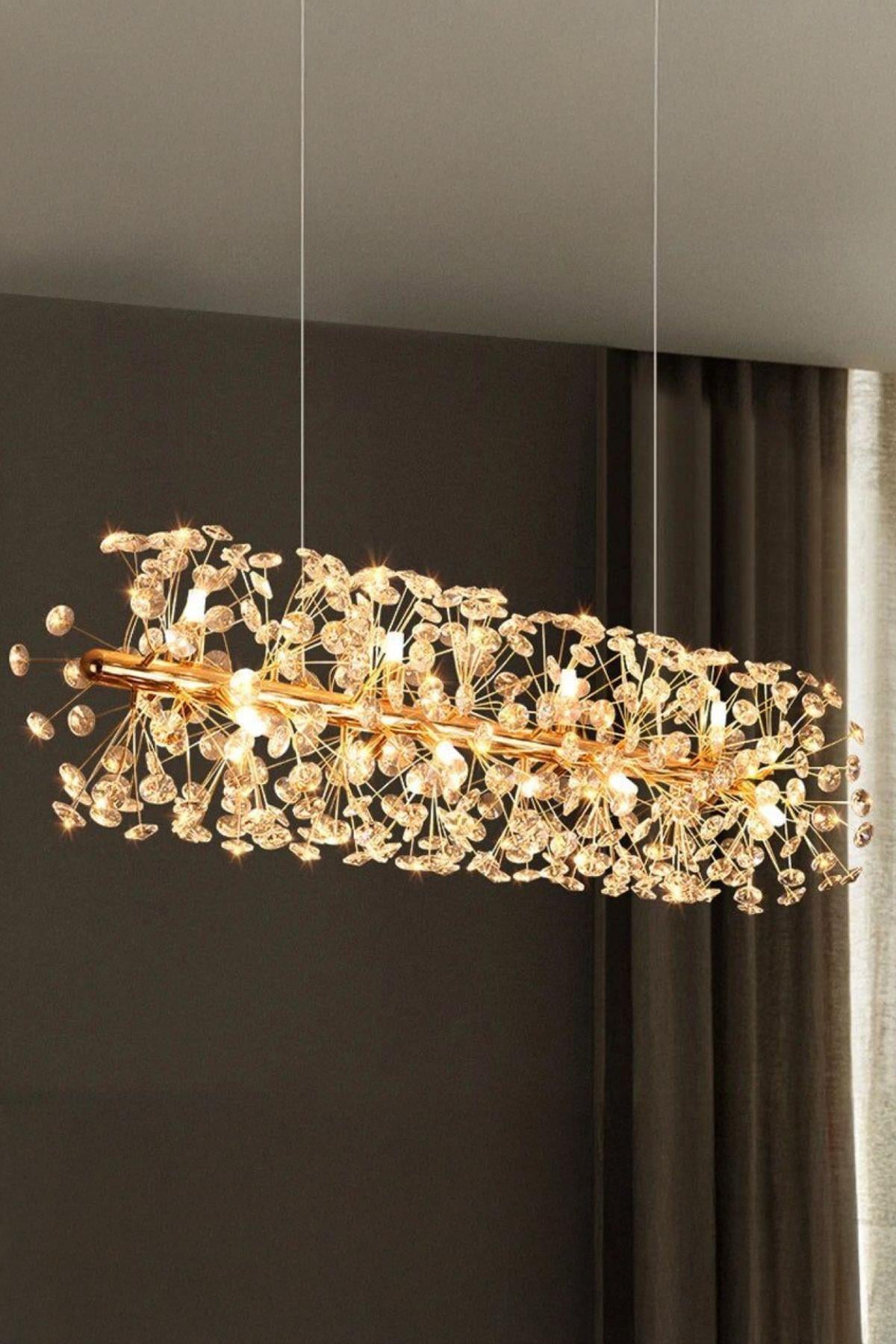 Luxury Collection Modern Sarkıt Kristal Taşlı Avize Yemek Masası Elips Gold Sarı 100 Cm