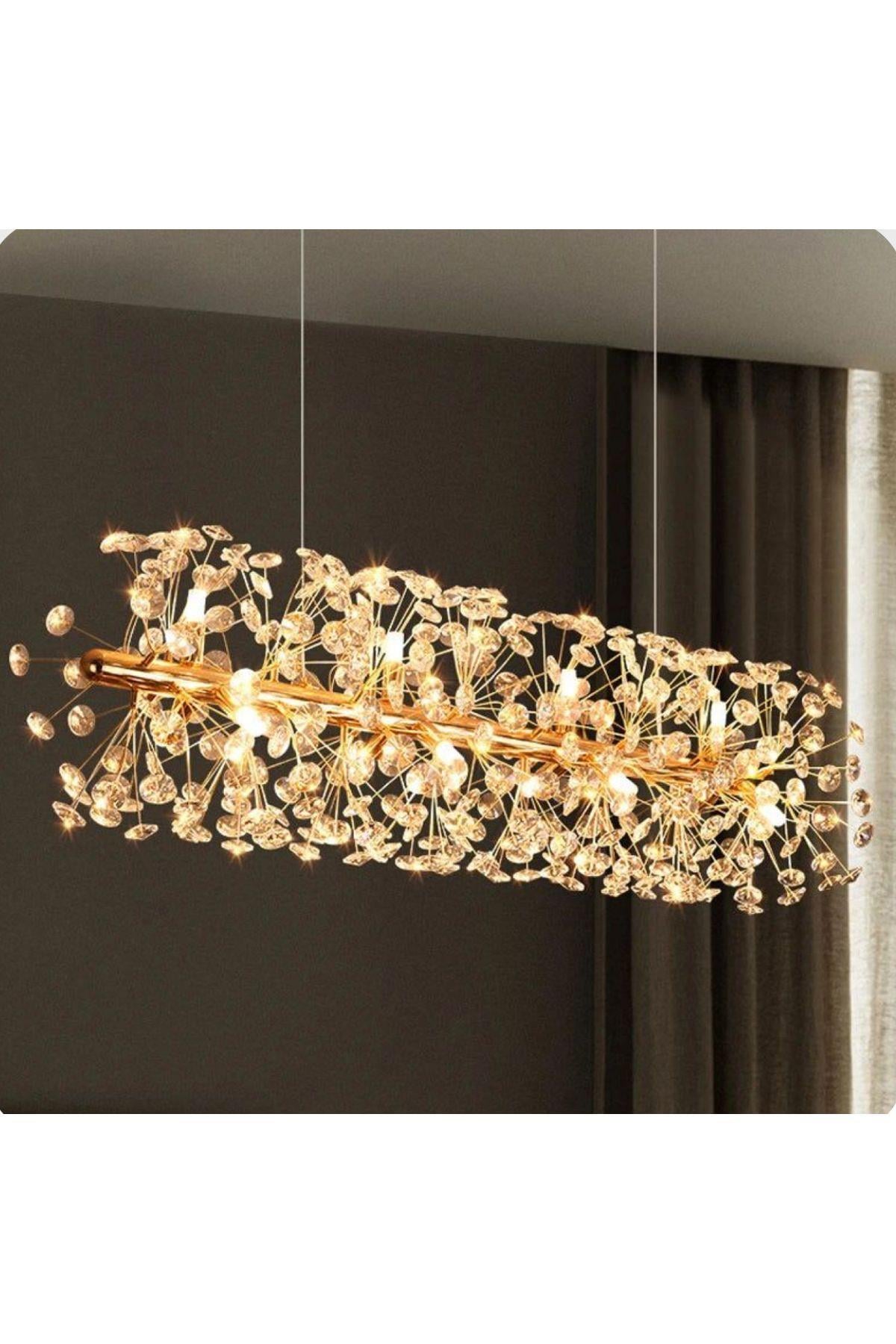 Luxury Collection Modern Sarkıt Kristal Taşlı Avize Yemek Masası Elips Gold Sarı 100 Cm