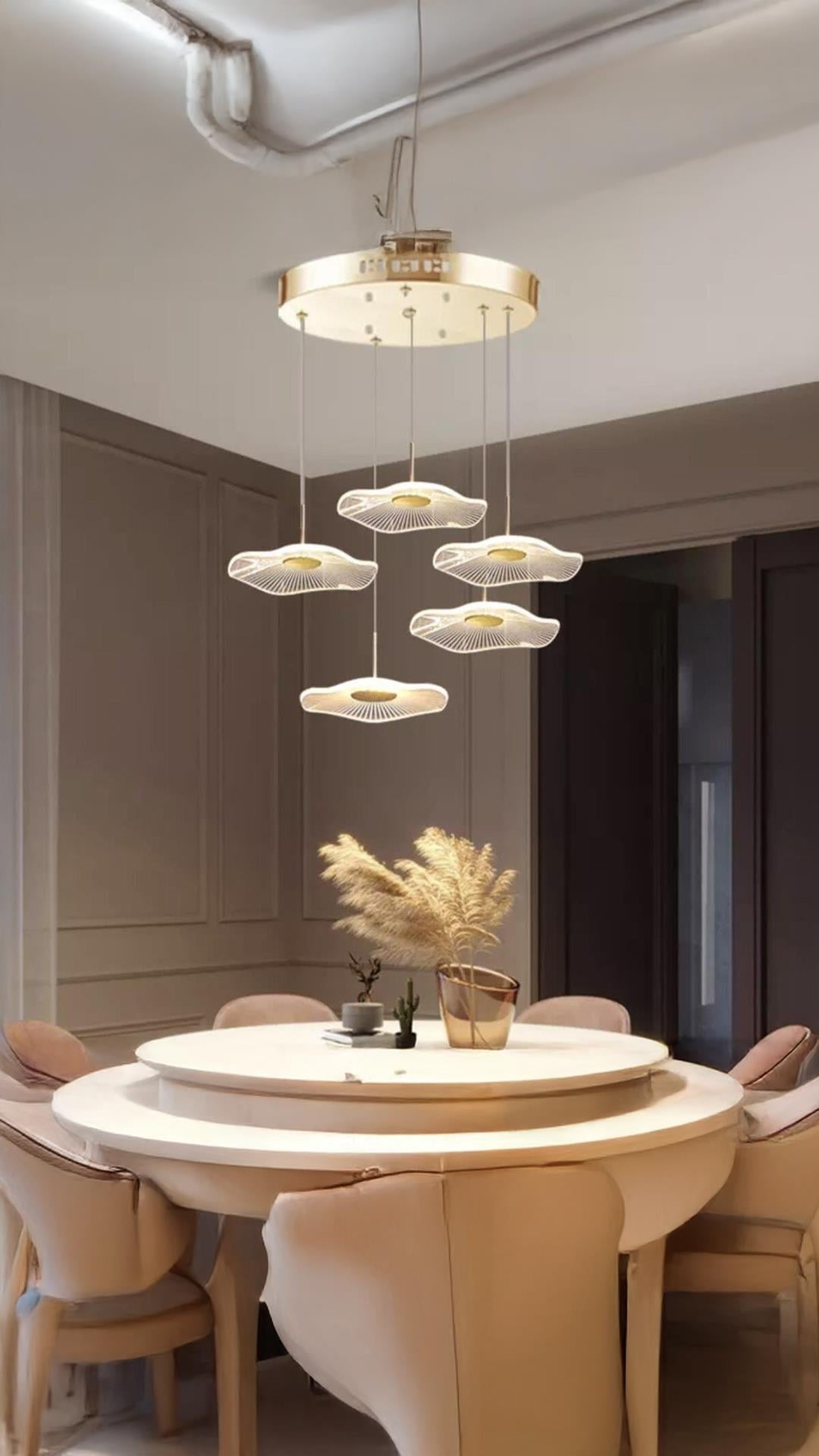 Luxury Exclusive Beşli Yuvarlak Sarkıt Led Avize Jellyfish Gold Sarı Ledli Avize