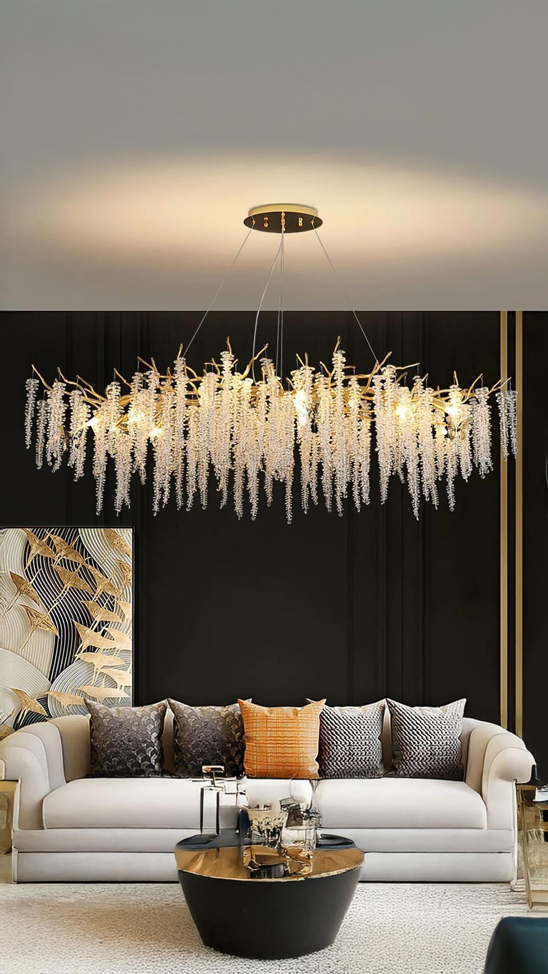 Luxury Exclusive Collection Modern Kristal Taşlı Diamond Pırlanta Gold Sarı Elips Yemek Masası Avize