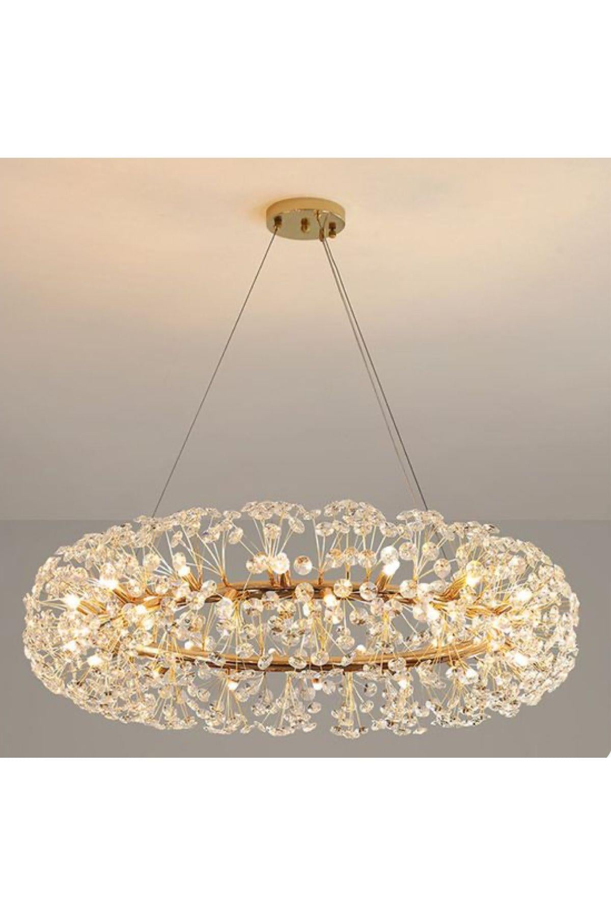 Luxury Exclusive Collection Modern Kristal Taşlı Sarkıt Avize Gold Sarı 80 Cm Çap