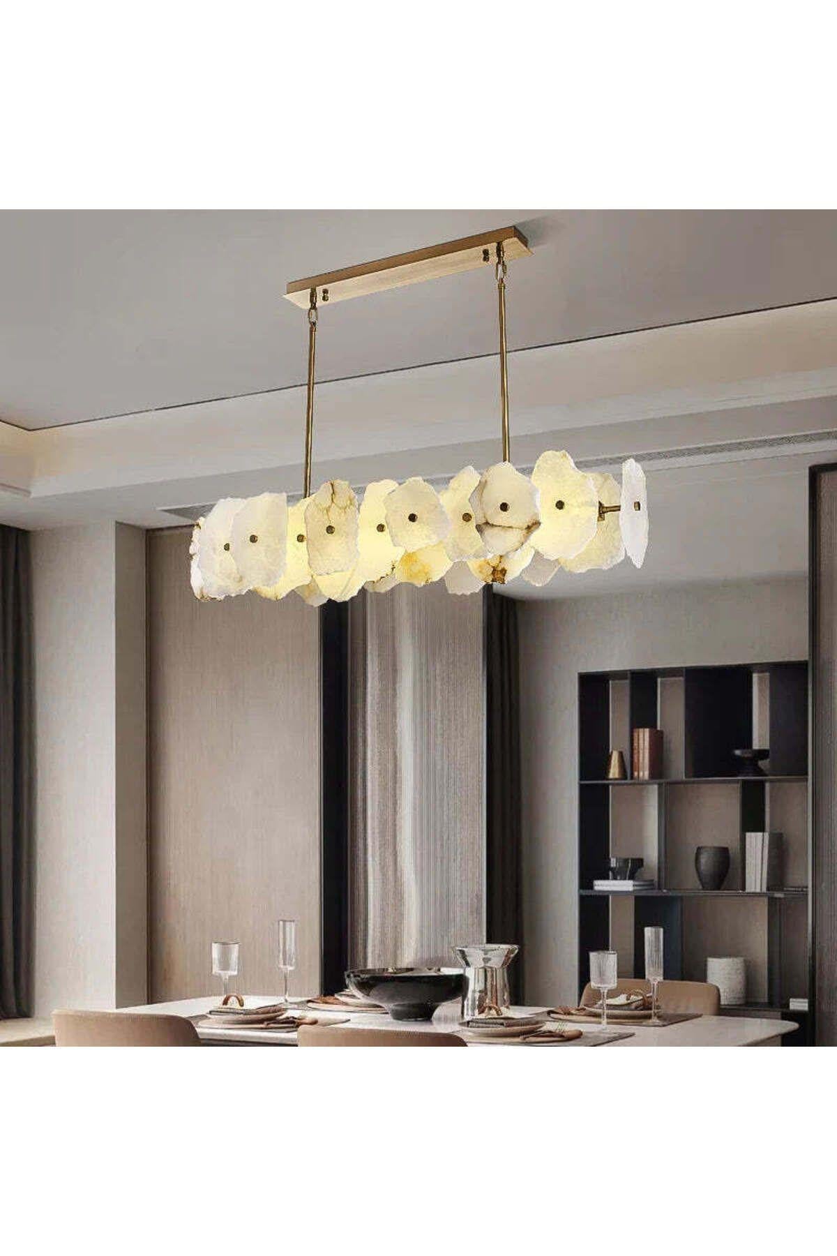 Luxury Exclusive Modern Marble Tasarım Ledli Mermer Avize Eskitme Gold Sarı Led Avize Elips 100 Cm