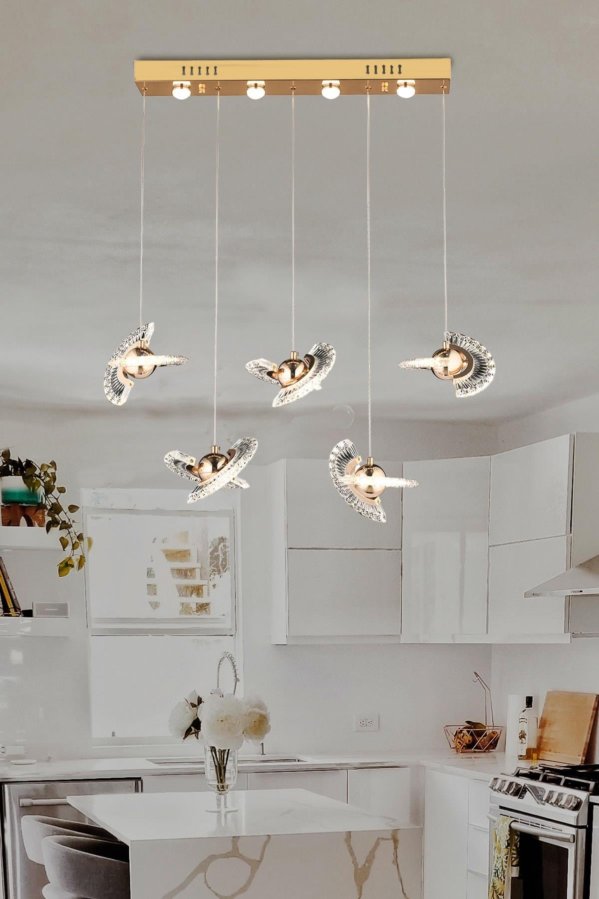 Luxury Modern Crystal Sarkıt Led Avize Beşli Sıralı Yemek Masası Gold Sarı