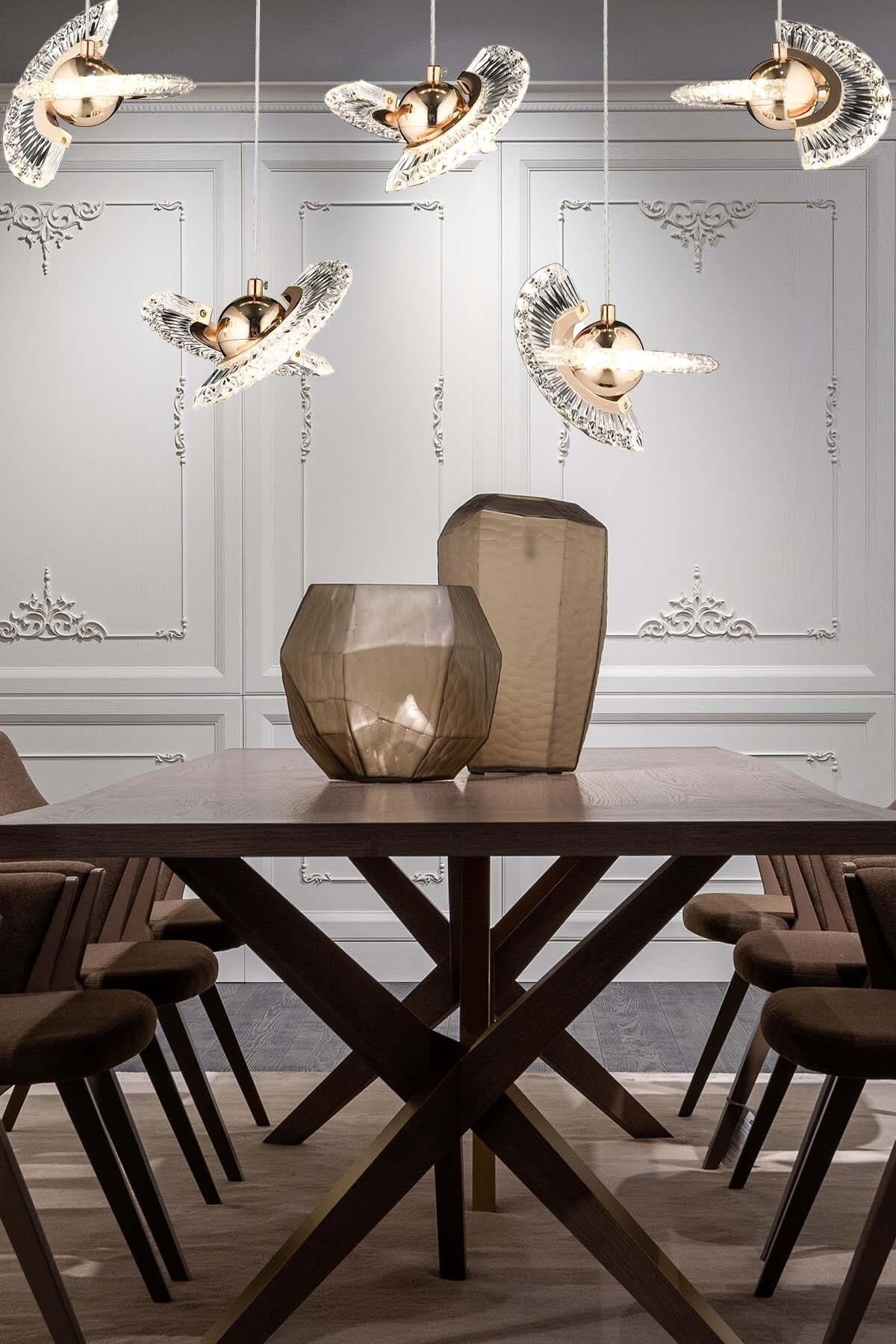 Luxury Modern Crystal Sarkıt Led Avize Beşli Sıralı Yemek Masası Gold Sarı