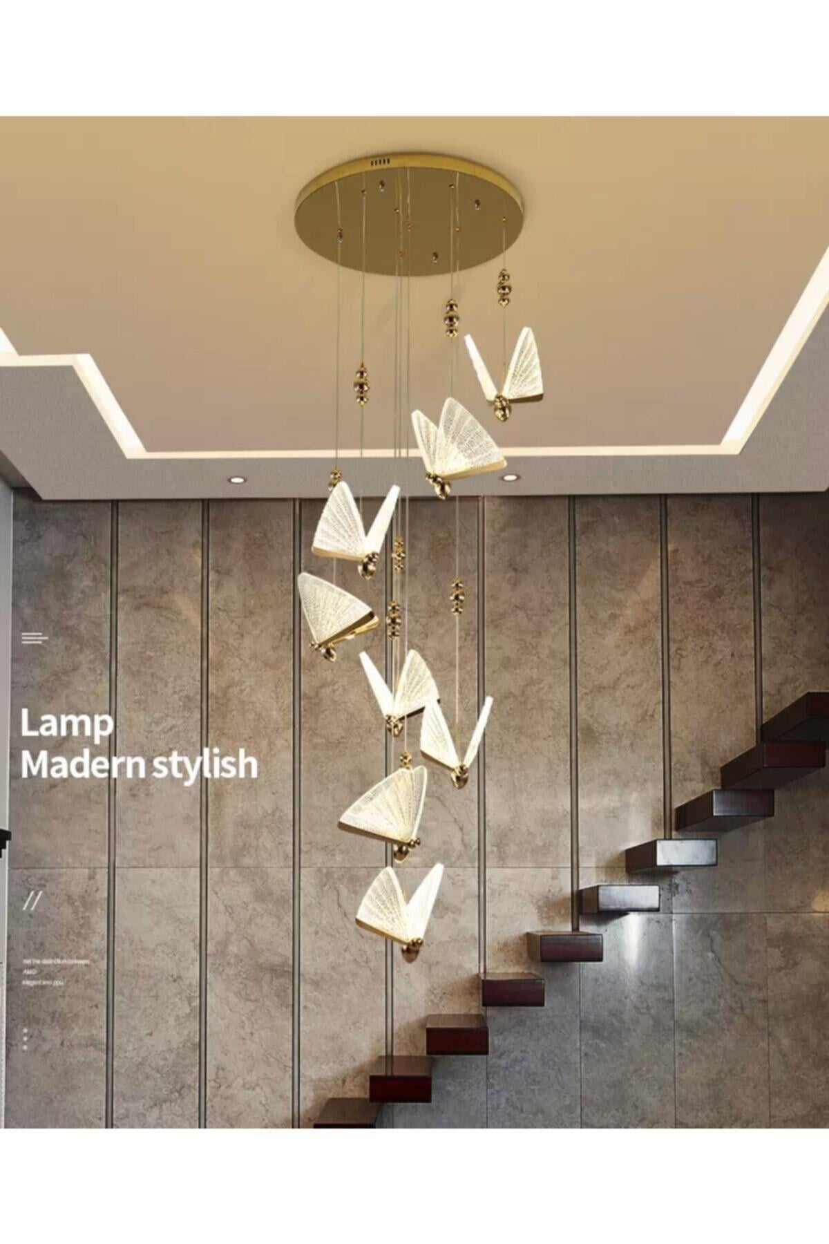 Luxury Modern Exclusive Sarkıt Kelebek Led Avize 8’li Gold Sarı Gün Işığı