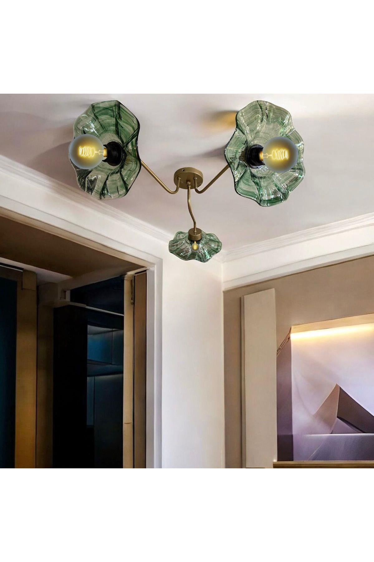Luxury Modern Exclusive Tasarım Yeşil Kristal Camlı Flower Çiçek Üçlü Avize Eskitme Gold Sarı