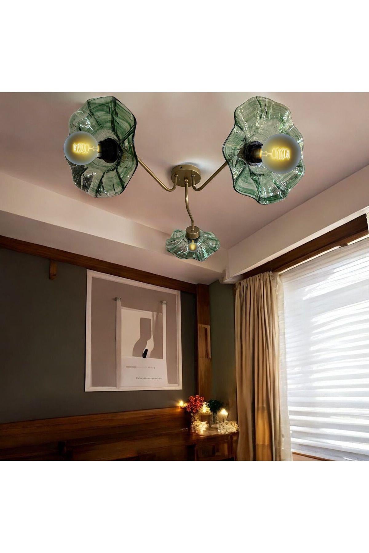 Luxury Modern Exclusive Tasarım Yeşil Kristal Camlı Flower Çiçek Üçlü Avize Eskitme Gold Sarı