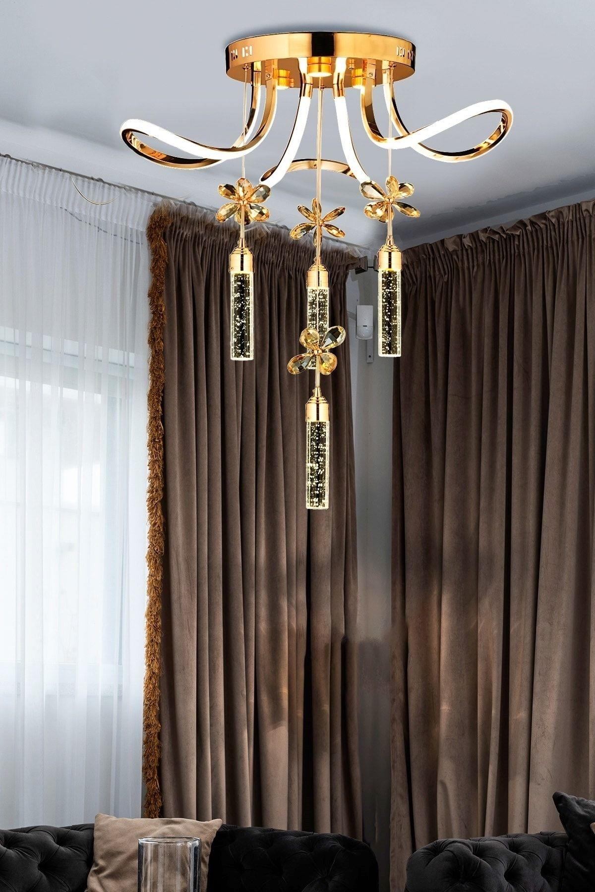 Luxury Modern Kristal Taşlı Sarkıt Kelebek Taşlı Led Avize Gold Sarı