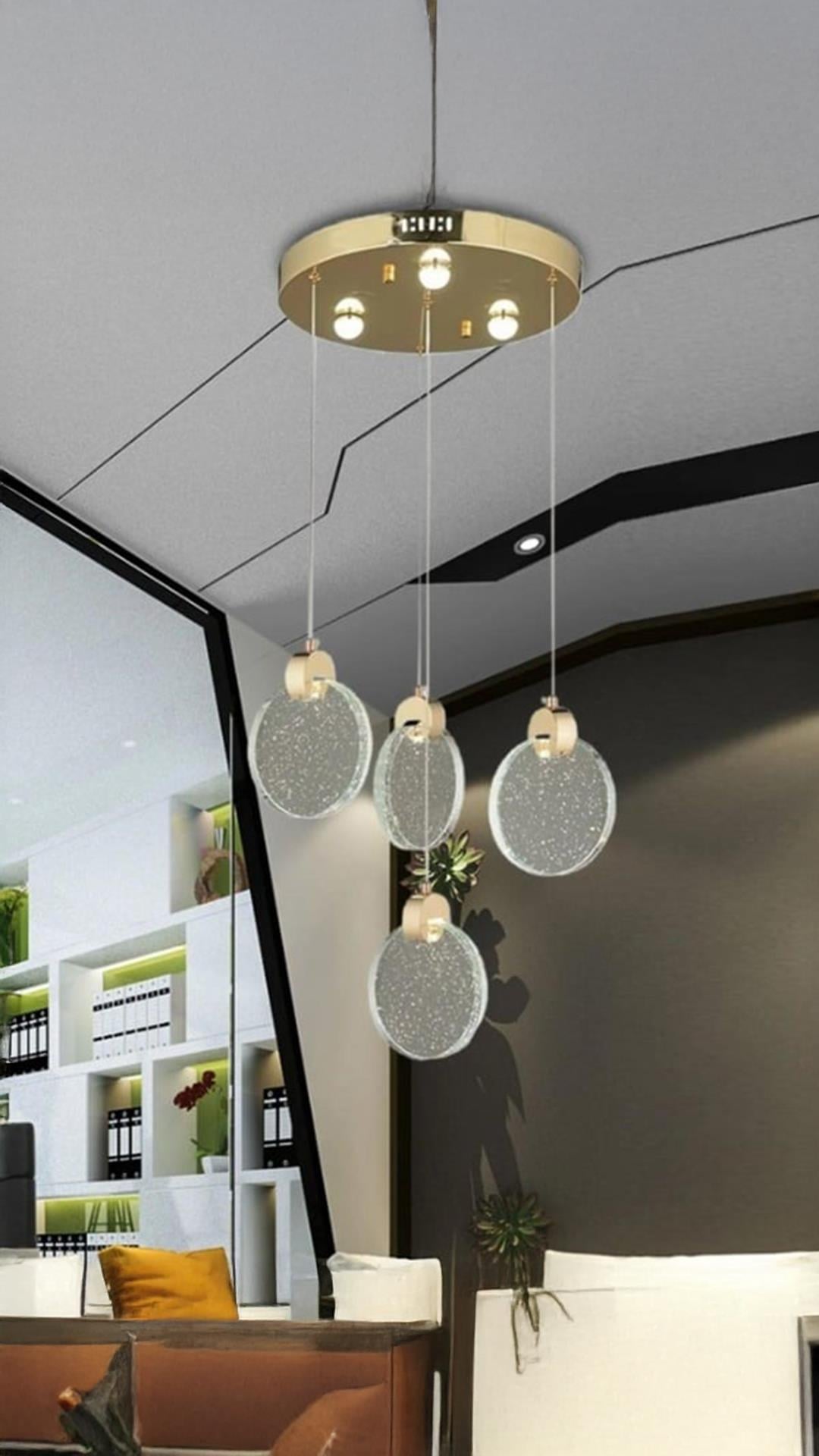 Luxury Modern Sarkıt Dörtlü Power Led Avize Kristal Boncuklu Camlı Gold Sarı
