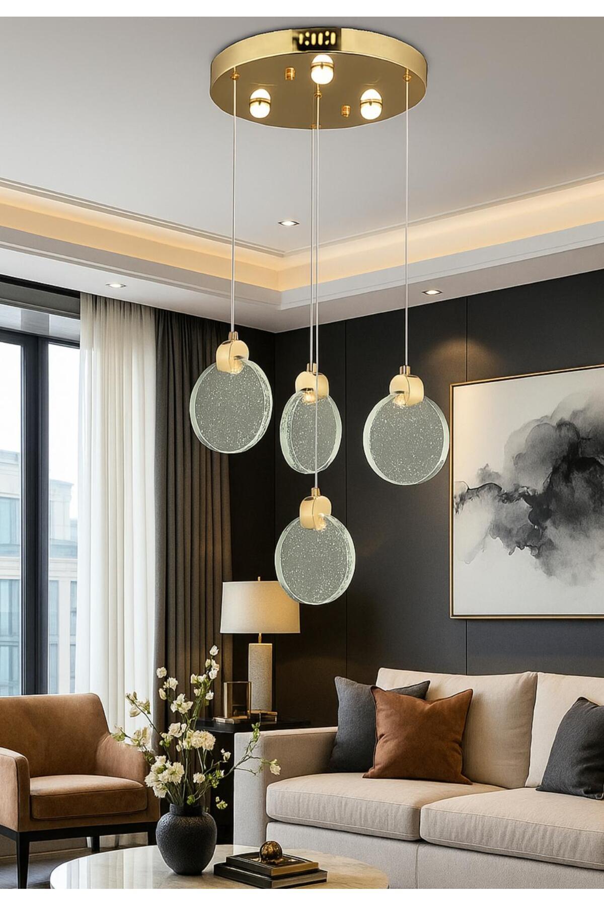 Luxury Modern Sarkıt Dörtlü Power Led Avize Kristal Boncuklu Camlı Gold Sarı