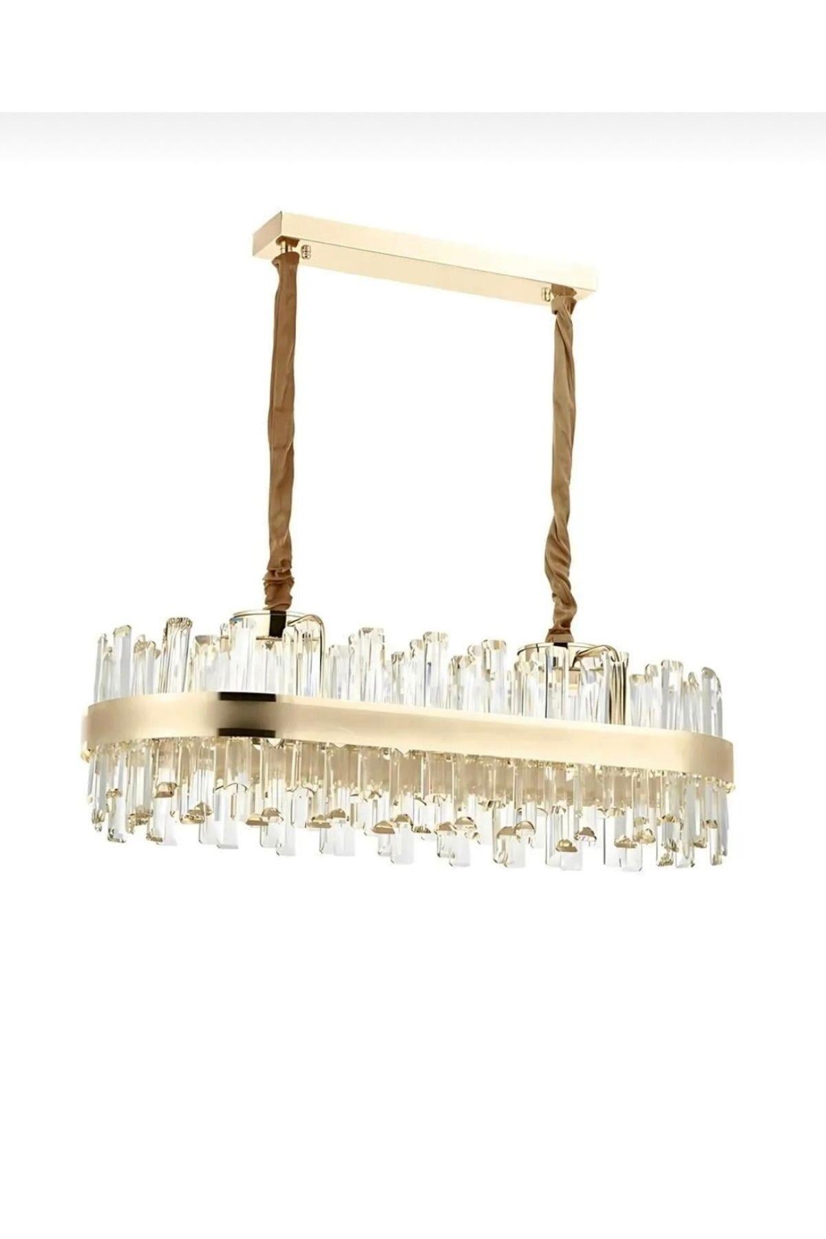 Luxury Modern Tasarım Kristal Taşlı Led Avize Crystal Ledli Gold Sarı Elips Yemek Masası
