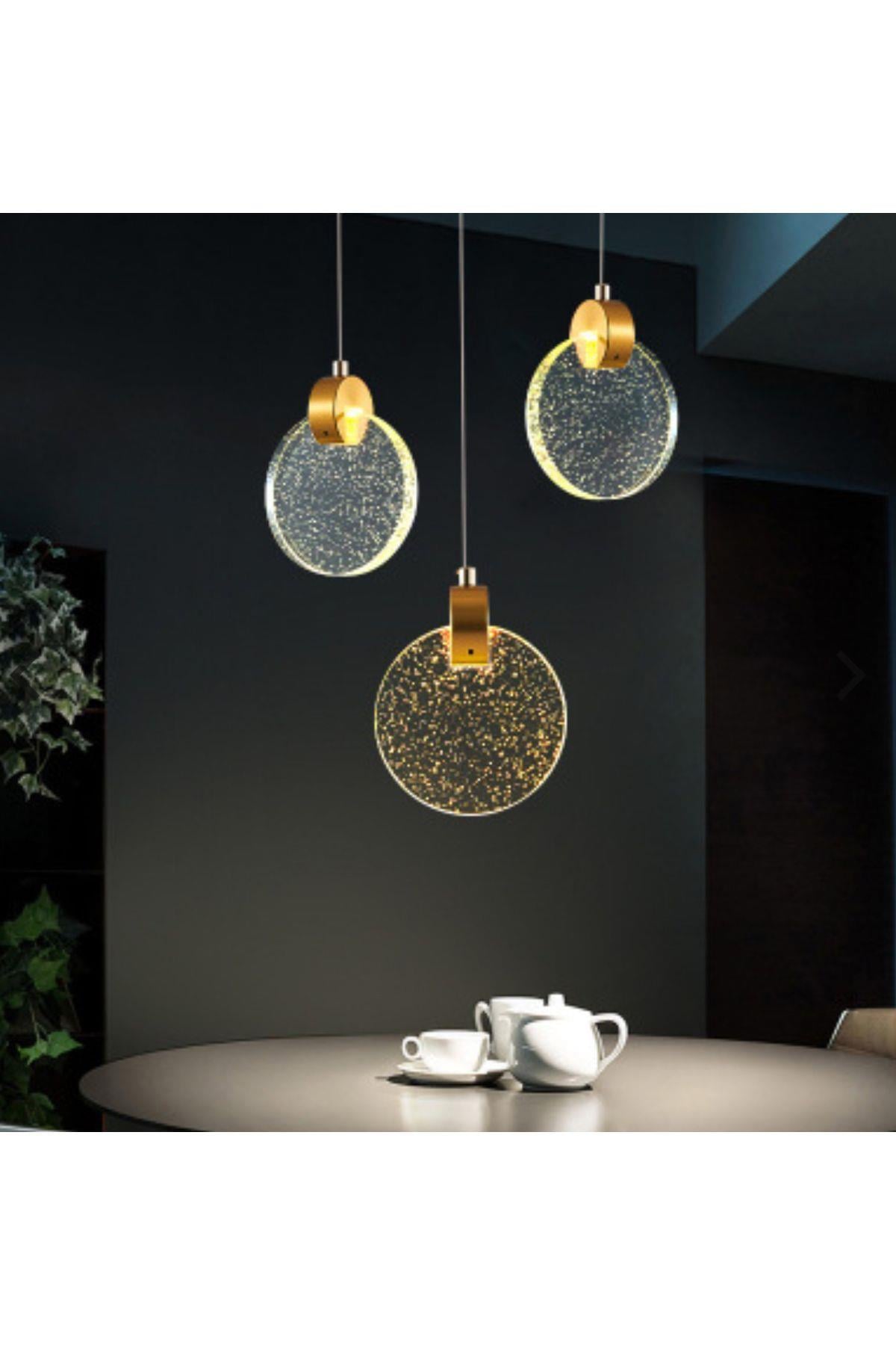 Luxury Modern Üçlü Yuvarlak Sarkıt Kristal Camlı Led Avize Gold Sarı Ledli Avize
