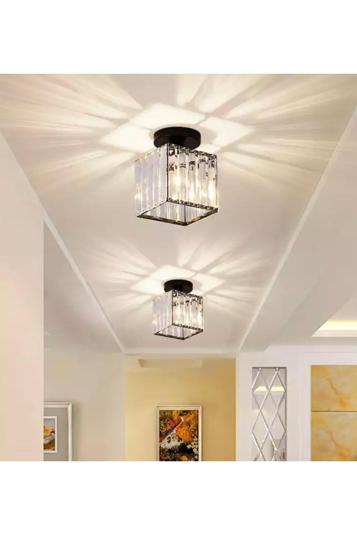 Luxury Plafonyer Tavan Kristal Taşlı Avize Kare Hol Avize Siyah